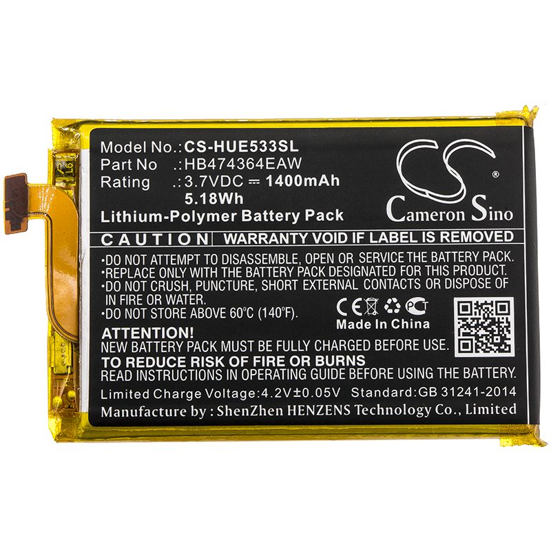 Li-Polymer Battery fits Huawei, E5338, E5338-bk 3.7V, 1400mAh Hotspot Cameron Sino Technology Limited