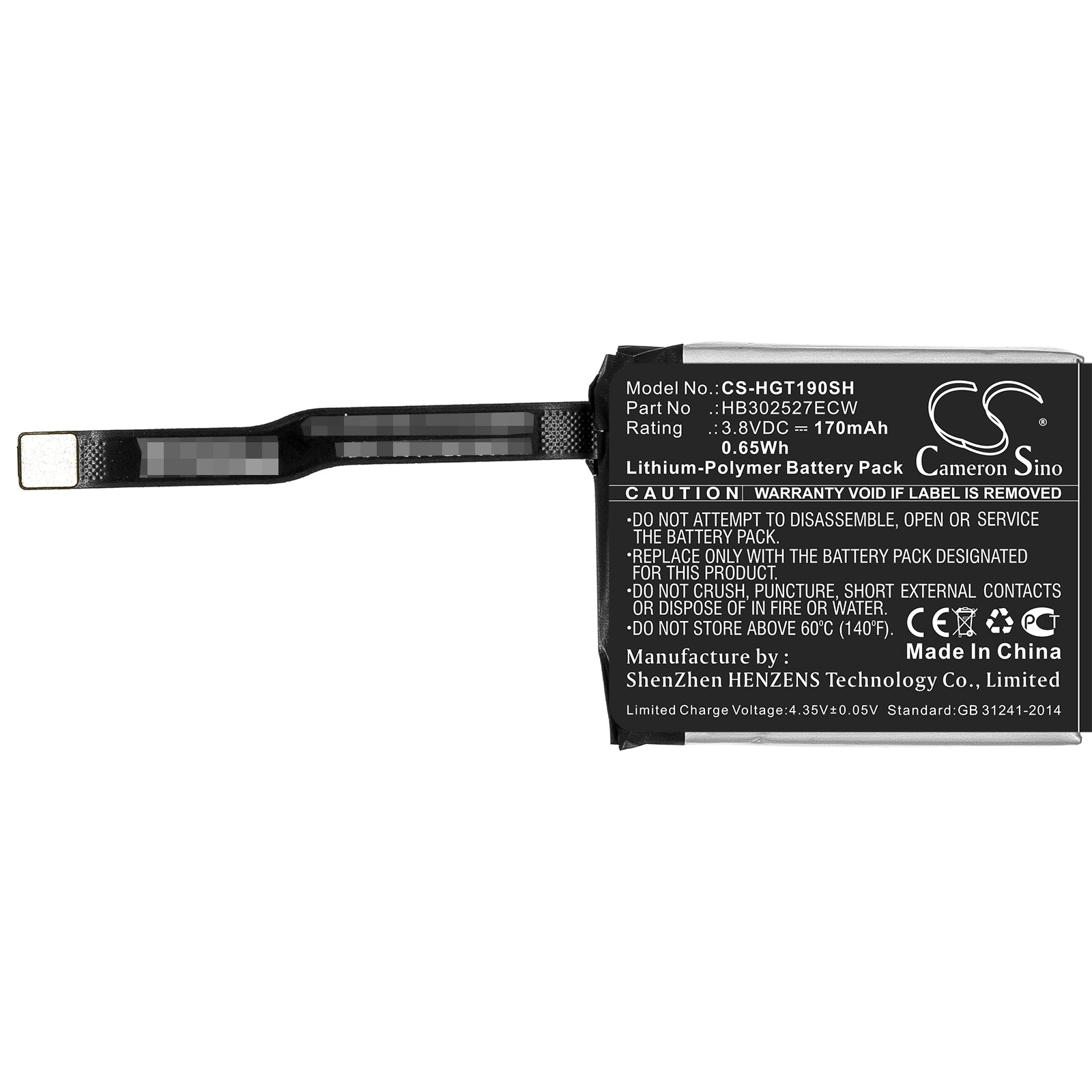 Li-Polymer Battery fits Huawei, Hb302527ecw 3.8V, 170mAh Smartwatch Cameron Sino Technology Limited