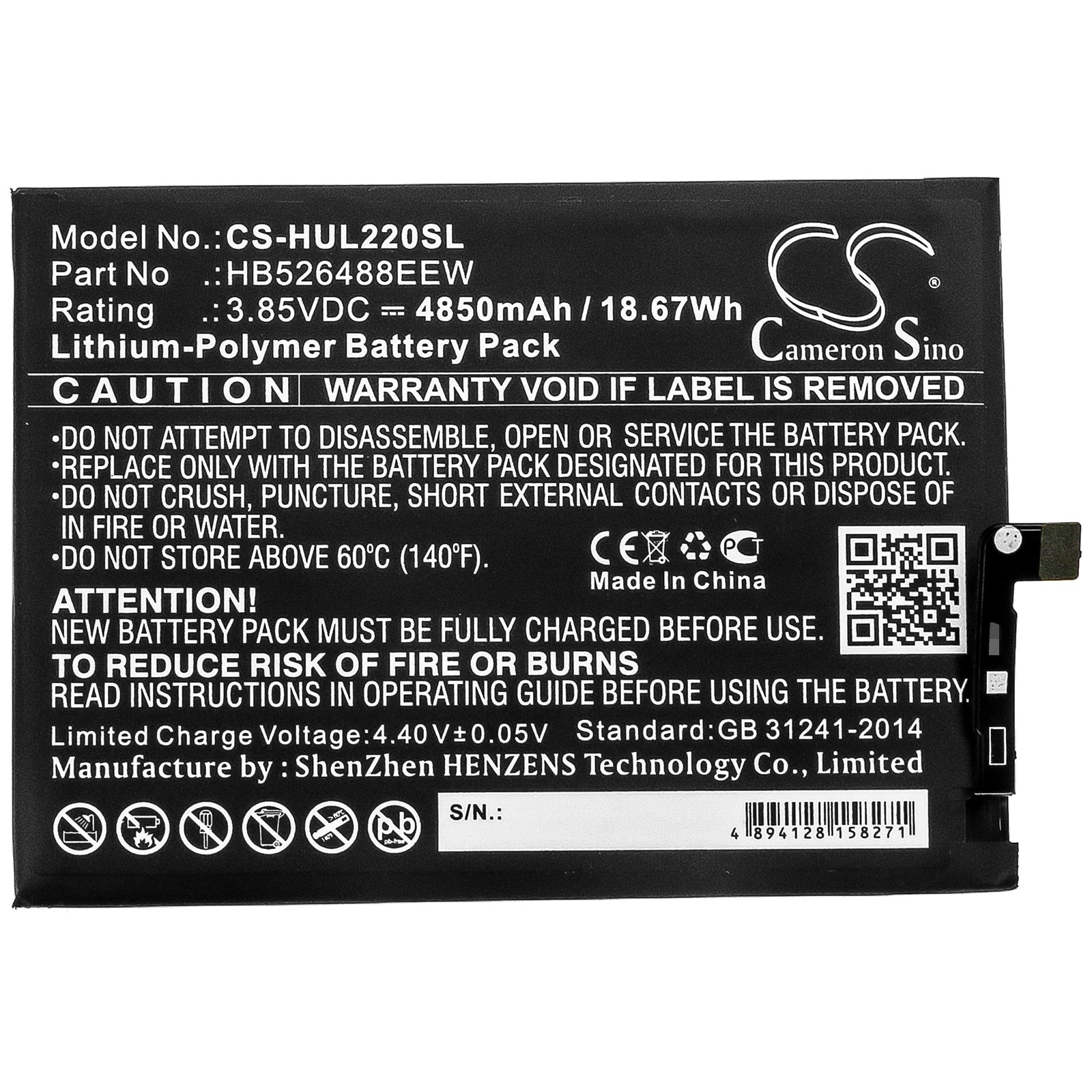 Li-Polymer Battery fits Huawei, Hb526488eew 3.85V, 4850mAh Mobile & SmartPhone Cameron Sino Technology Limited