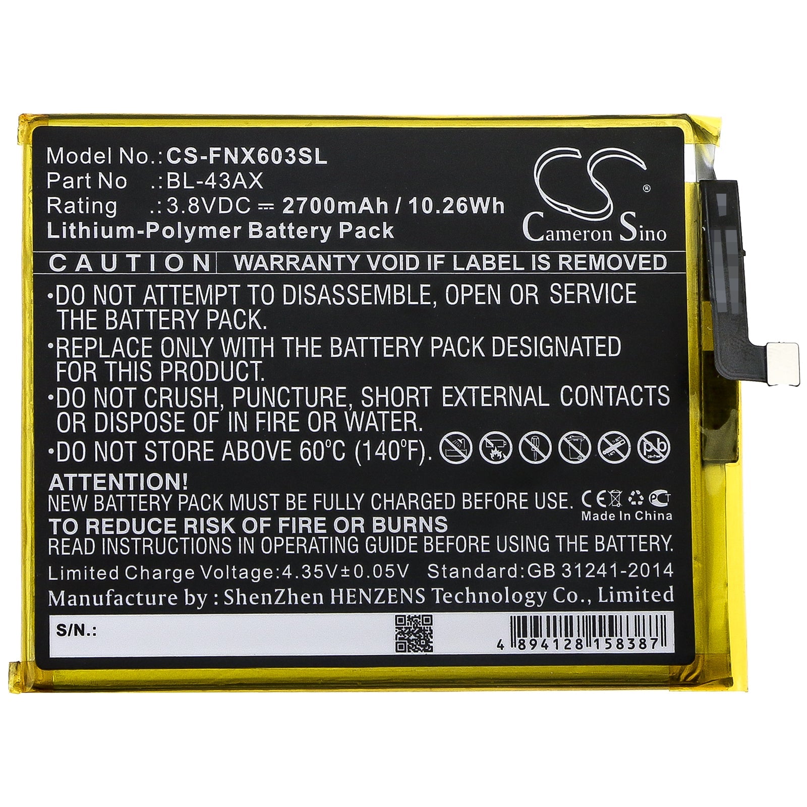 Li-Polymer Battery fits Infinix, Bl-43ax 3.8V, 2700mAh Mobile & SmartPhone Cameron Sino Technology Limited