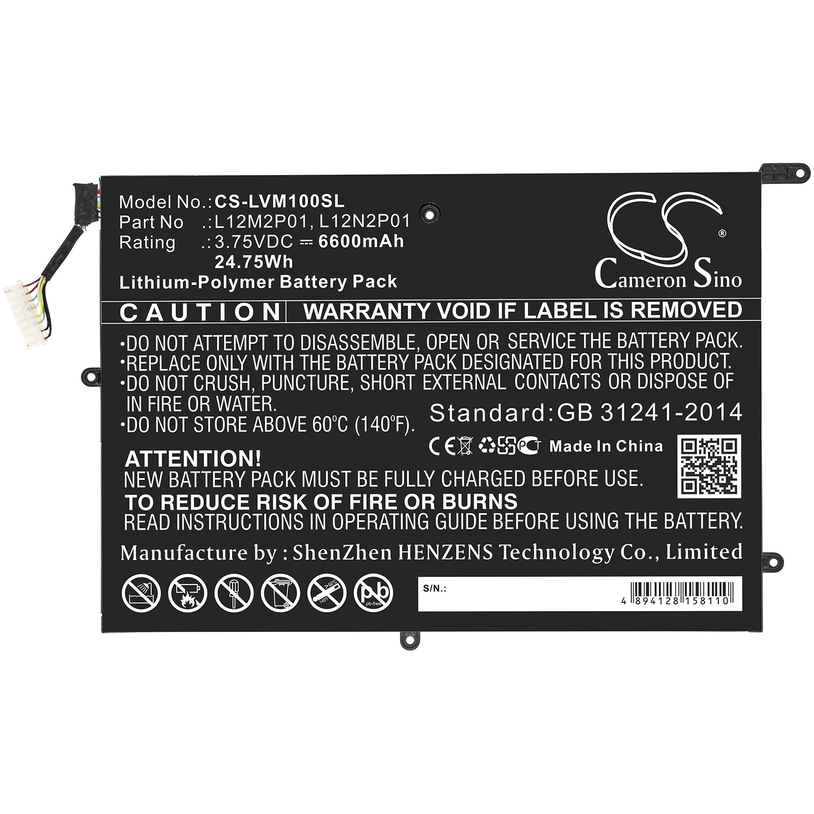 Li-Polymer Battery fits Lenovo, 121500184, 1icp4/83/102-2, 1icp4/83/103-2, L12m2p01, L12n2p01 3.75V, 6600mAh Tablet Cameron Sino Technology Limited