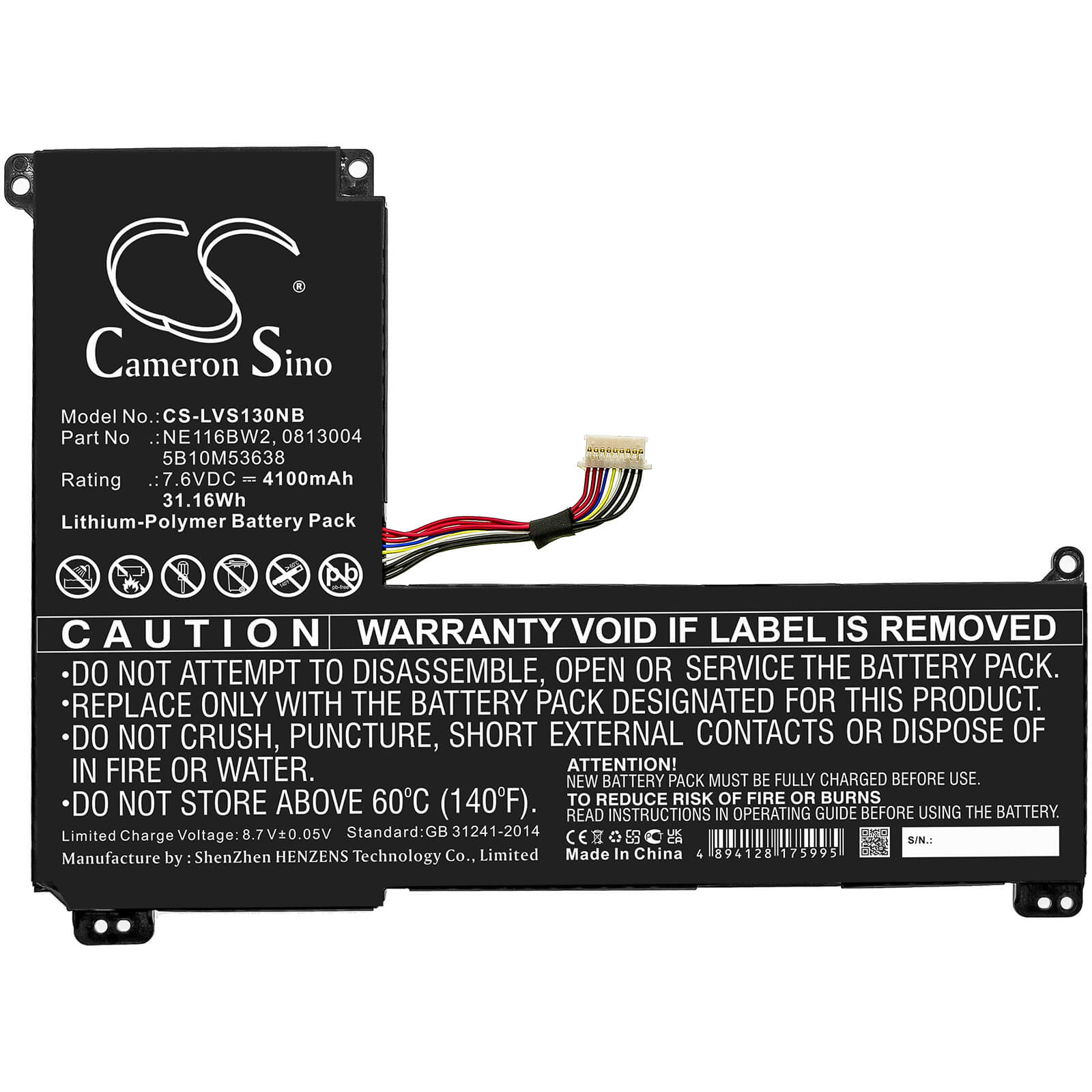 Li-Polymer Battery fits Lenovo, Ideapad 110s-11ibr, Ideapad 110s-11ibr (80wg) Seri 7.6V, 4100mAh / 31.16Wh Cameron Sino Technology Limited
