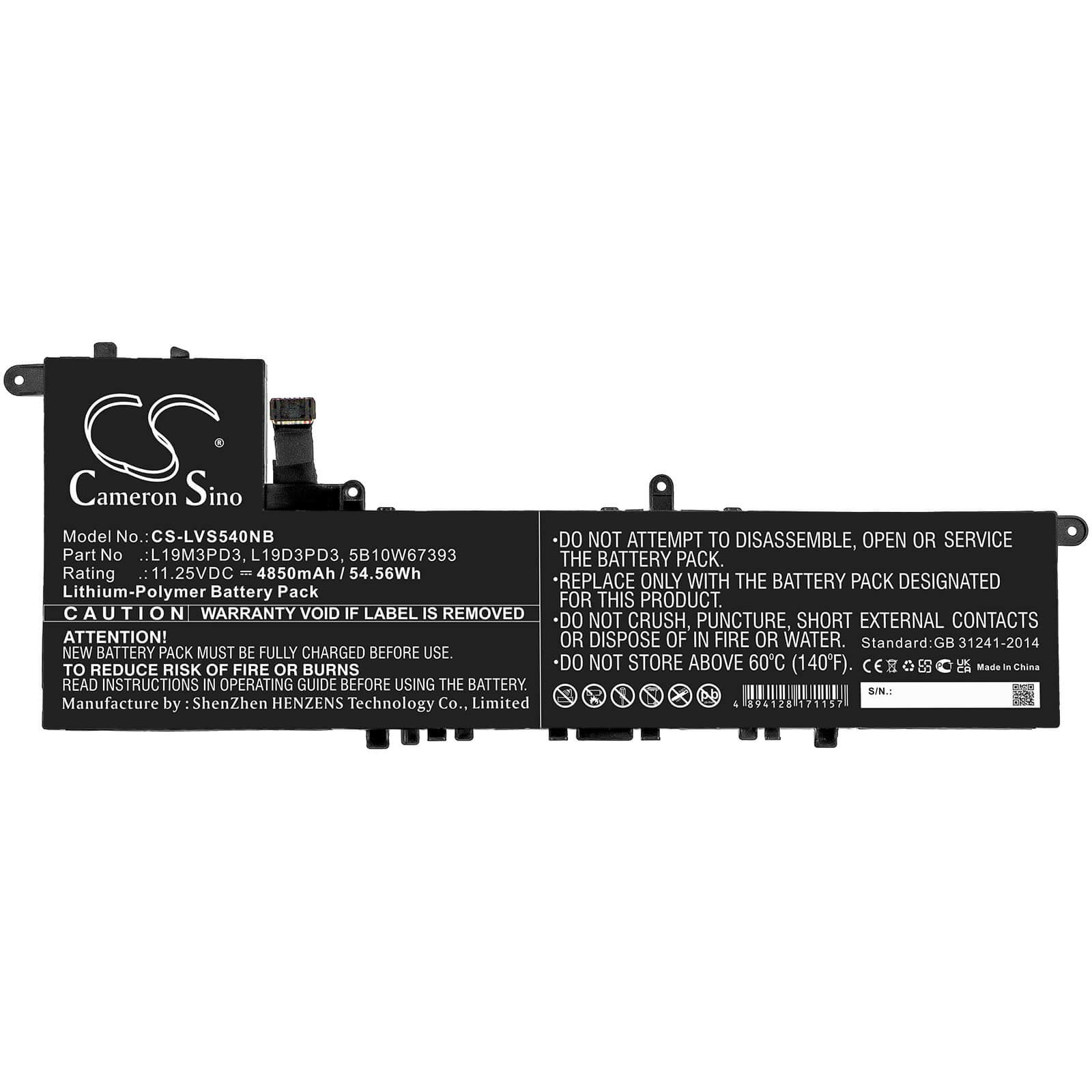Li-Polymer Battery fits Lenovo, Ideapad S540 13are, Ideapad S540 13iml 11.25V, 4850mAh / 54.56Wh Notebook & Laptop Cameron Sino Technology Limited