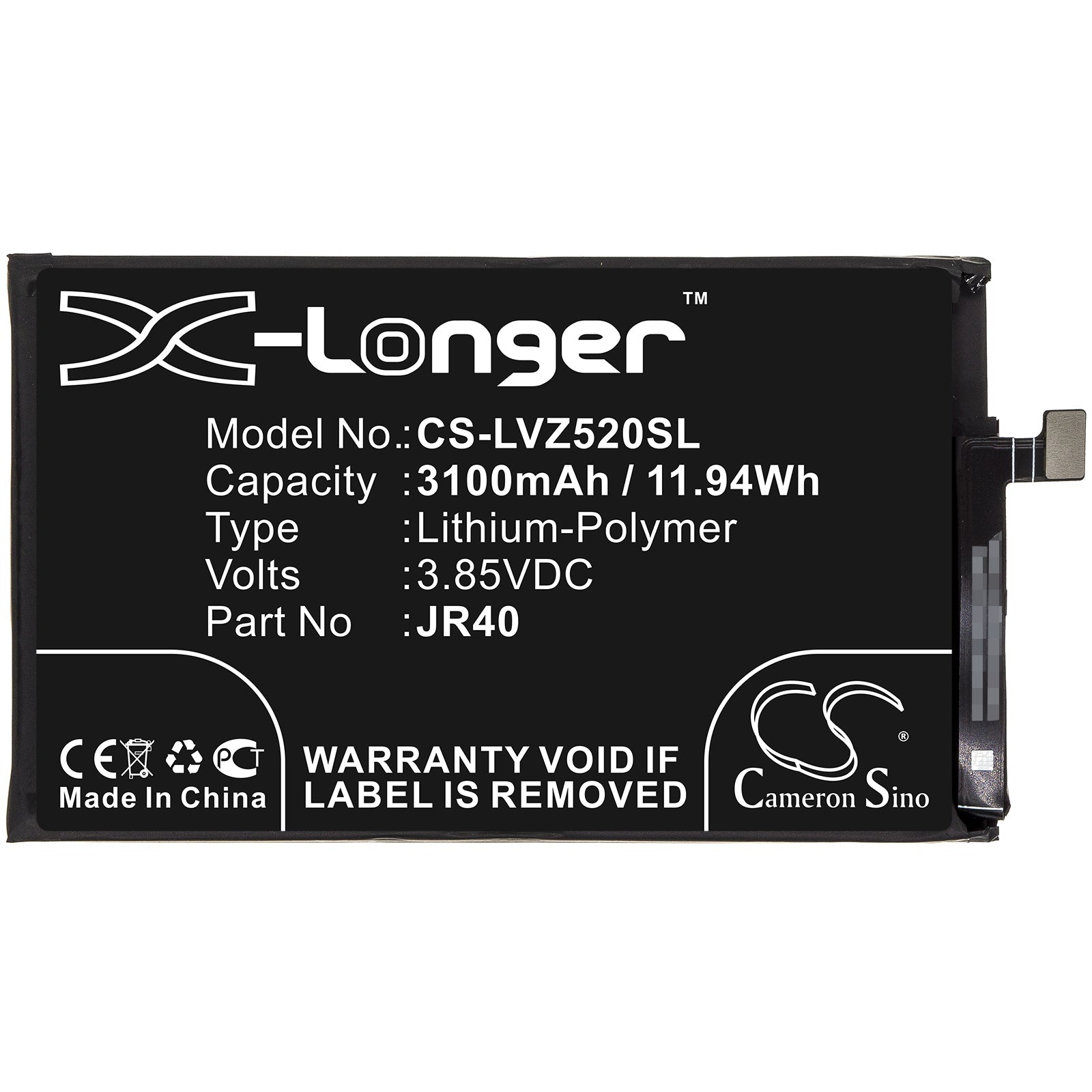 Li-Polymer Battery fits Lenovo, Jr40 3.85V, 3100mAh Mobile & SmartPhone Cameron Sino Technology Limited