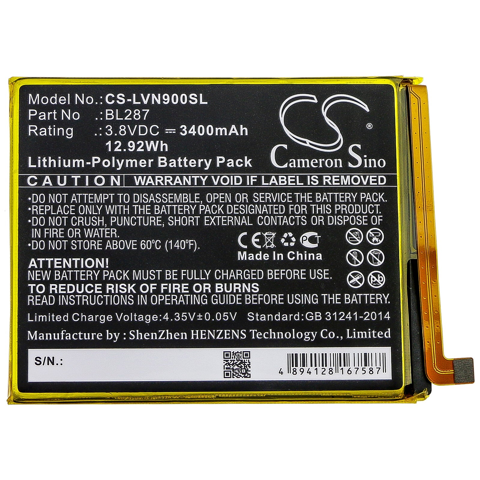 Li-Polymer Battery fits Lenovo, K9 Note 3.8V, 3400mAh Mobile & SmartPhone Cameron Sino Technology Limited