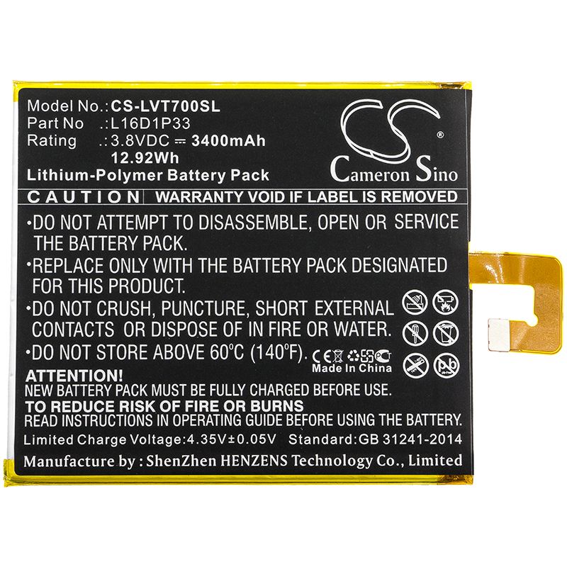 Li-Polymer Battery fits Lenovo, Tab 7, Tb-7504f 3.8V, 3400mAh Tablet Cameron Sino Technology Limited