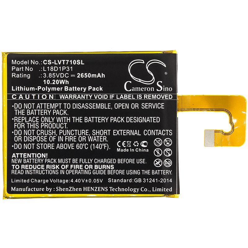 Li-Polymer Battery fits Lenovo, Tab E7, Tb-7104f 3.85V, 2650mAh Tablet Cameron Sino Technology Limited