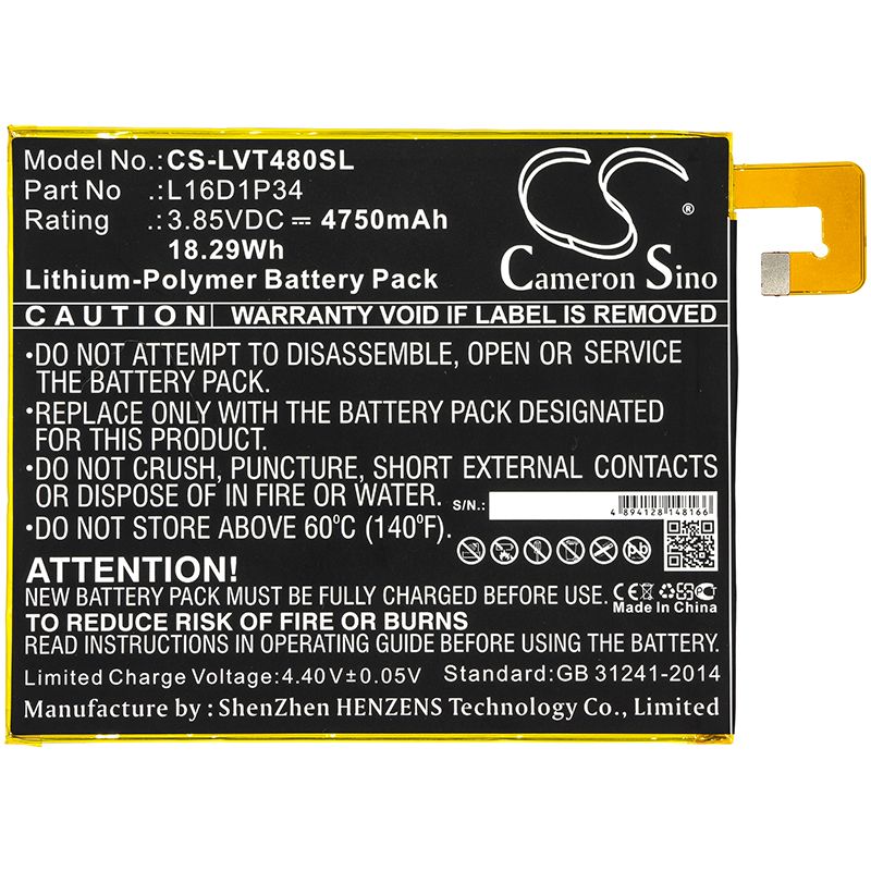 Li-Polymer Battery fits Lenovo, Tab4 8, Tab4 8 Plus 3.85V, 4750mAh Tablet Cameron Sino Technology Limited