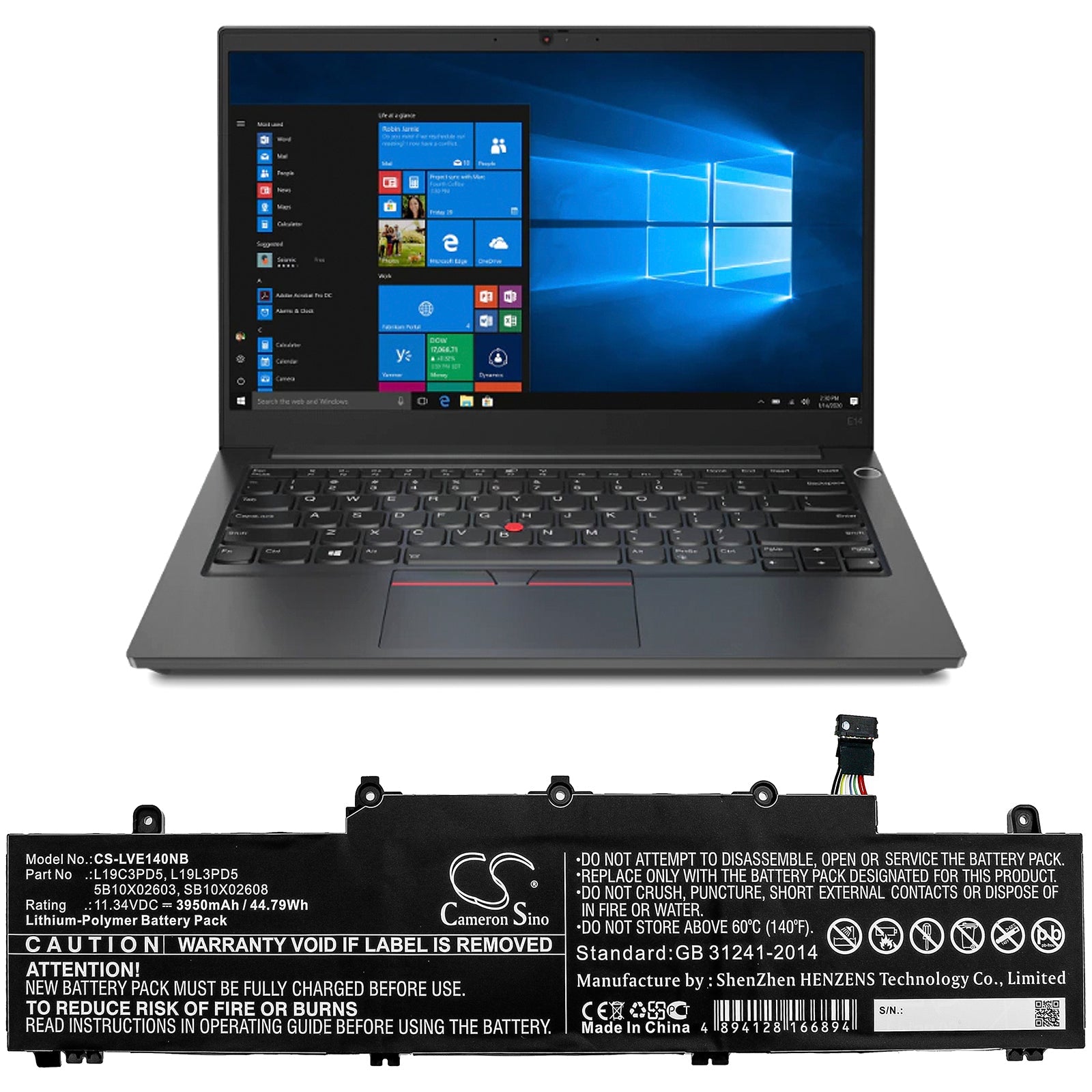 Li-Polymer Battery fits Lenovo, Thinkpad E14 Gen 2, Thinkpad E14 Gen2-20ta000dge 11.34V, 3950mAh Notebook & Laptop Cameron Sino Technology Limited