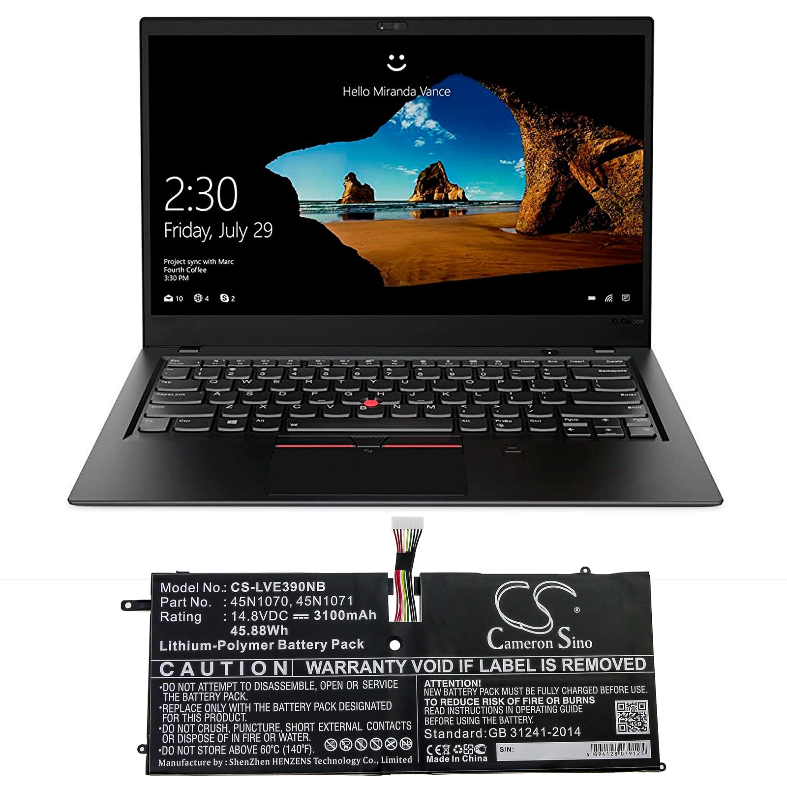 Li-Polymer Battery fits Lenovo, Thinkpad X1 Carbon, Thinkpad X1 Carbon 3444 14.8V, 3100mAh Notebook & Laptop Cameron Sino Technology Limited