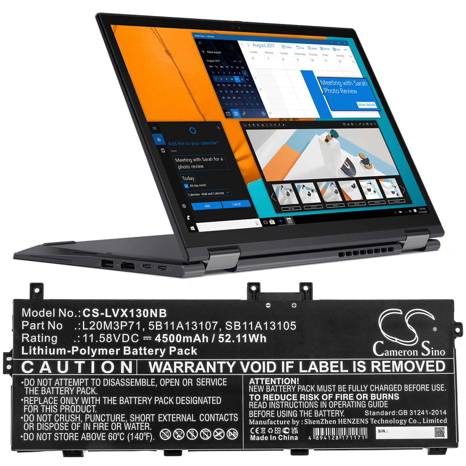 Li-Polymer Battery fits Lenovo, Thinkpad X13 Yoga G2, Thinkpad X13 Yoga G2 20w80007z 11.58V, 4500mAh / 52.11Wh Notebook & Laptop Cameron Sino Technology Limited