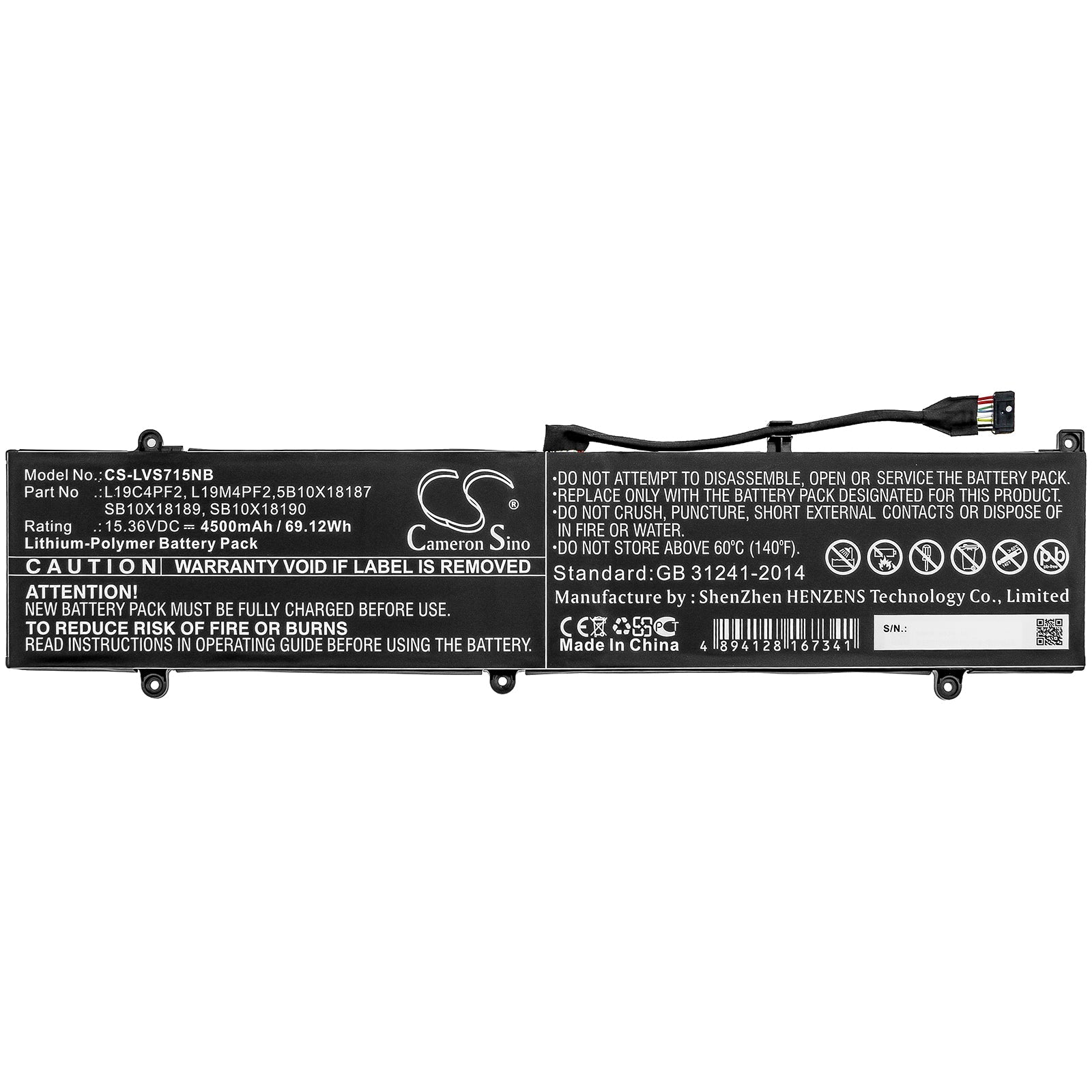 Li-Polymer Battery fits Lenovo, Yoga Slim 7 15, Yoga Slim 7-15imh05 15.36V, 4500mAh Notebook & Laptop Cameron Sino Technology Limited