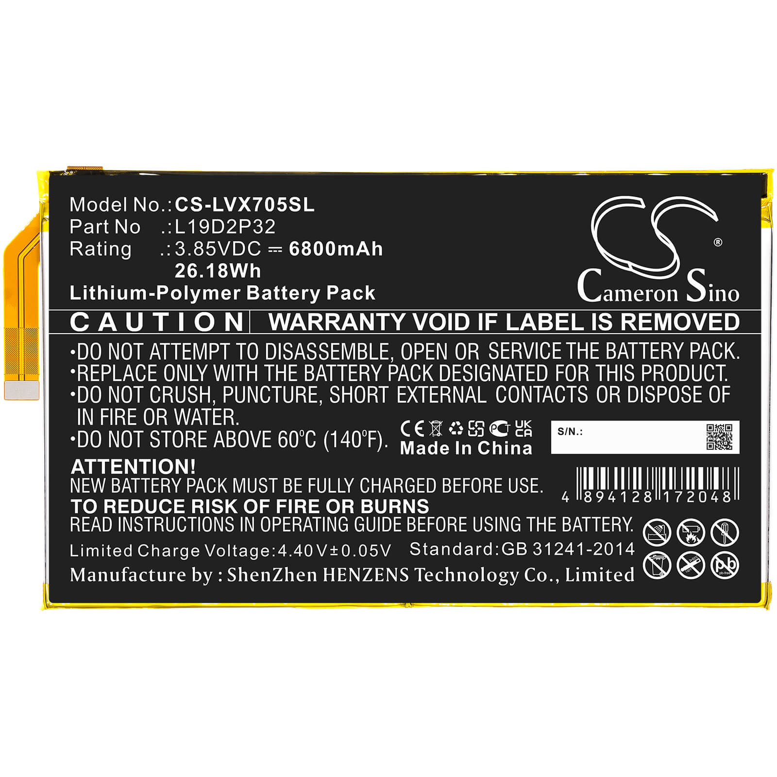 Li-Polymer Battery fits Lenovo, Yoga Smart Tab, Yt-x705f 3.85V, 6800mAh / 26.18Wh Tablet Cameron Sino Technology Limited