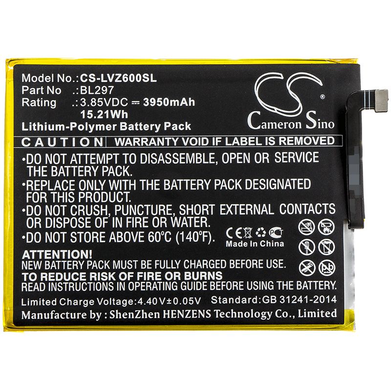 Li-Polymer Battery fits Lenovo, Z6 Lite, Z6 Youth 3.85V, 3950mAh Mobile & SmartPhone Cameron Sino Technology Limited