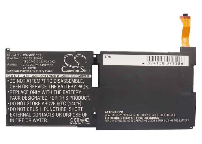 Li-Polymer Battery fits Microsoft, 9hr-00005, Surface 7.4V, 4250mAh Tablet Cameron Sino Technology Limited