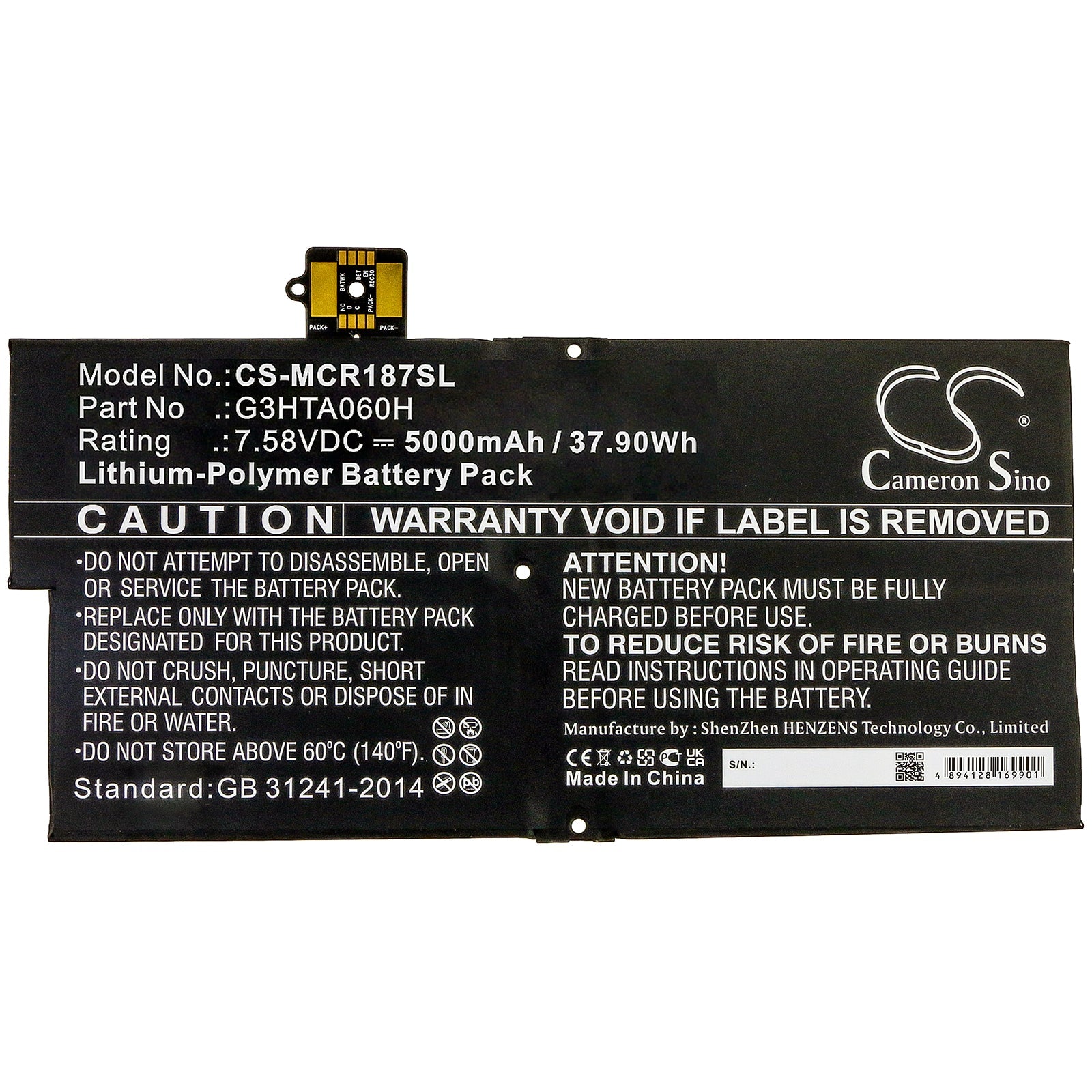 Li-Polymer Battery fits Microsoft, Surface Pro X 1876 Keyboard 7.58V, 5000mAh Tablet Cameron Sino Technology Limited