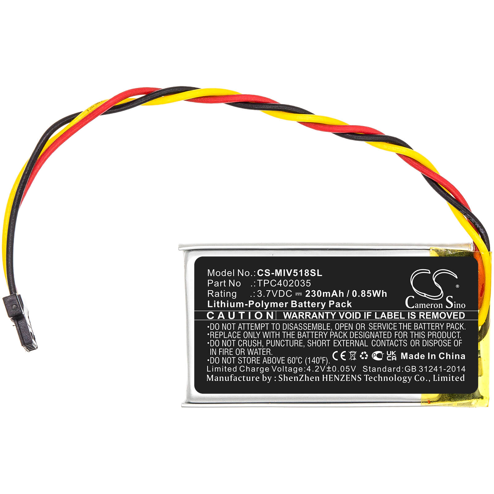 Li-Polymer Battery fits Mio, Mivue 508, Mivue 518 3.7V, 230mAh / 0.85Wh Dashcam Cameron Sino Technology Limited