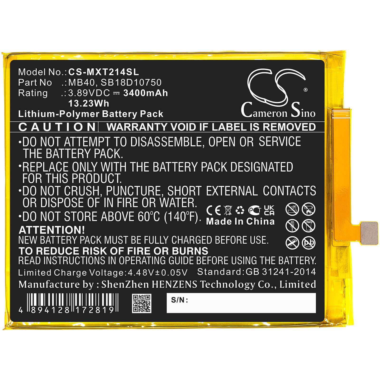 Li-Polymer Battery fits Motorola, Edge 20 5g 2021, Moto Edge 20 5g 3.89V, 3400mAh / 13.23Wh Mobile & SmartPhone Cameron Sino Technology Limited