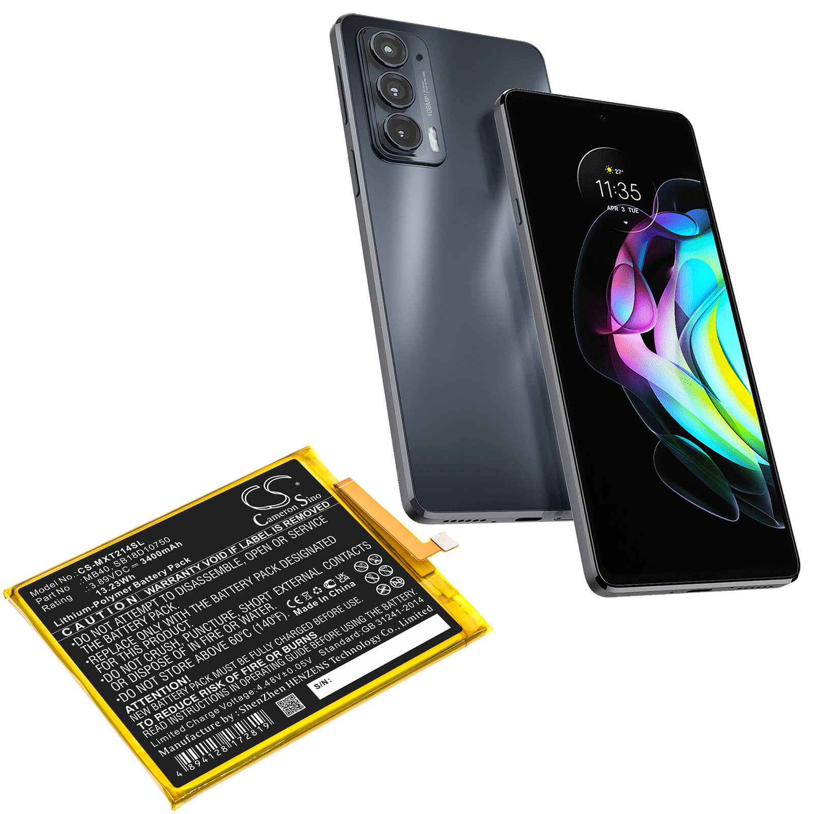 Li-Polymer Battery fits Motorola, Edge 20 5g 2021, Moto Edge 20 5g 3.89V, 3400mAh / 13.23Wh Mobile & SmartPhone Cameron Sino Technology Limited