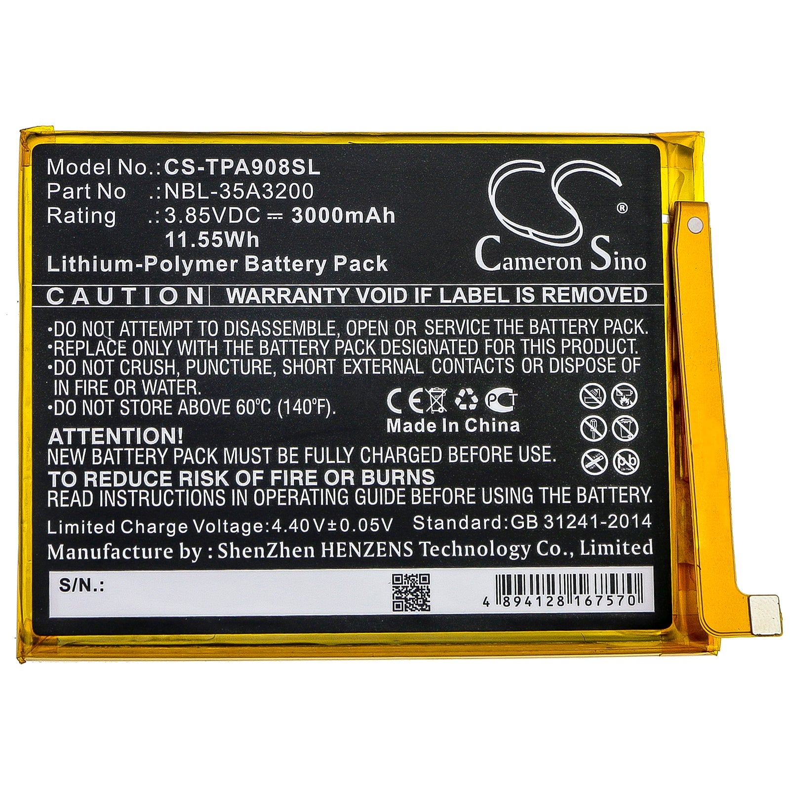 Li-Polymer Battery fits Neffos, N1, Tp908a, Tp-link 3.85V, 3000mAh Mobile & SmartPhone Cameron Sino Technology Limited