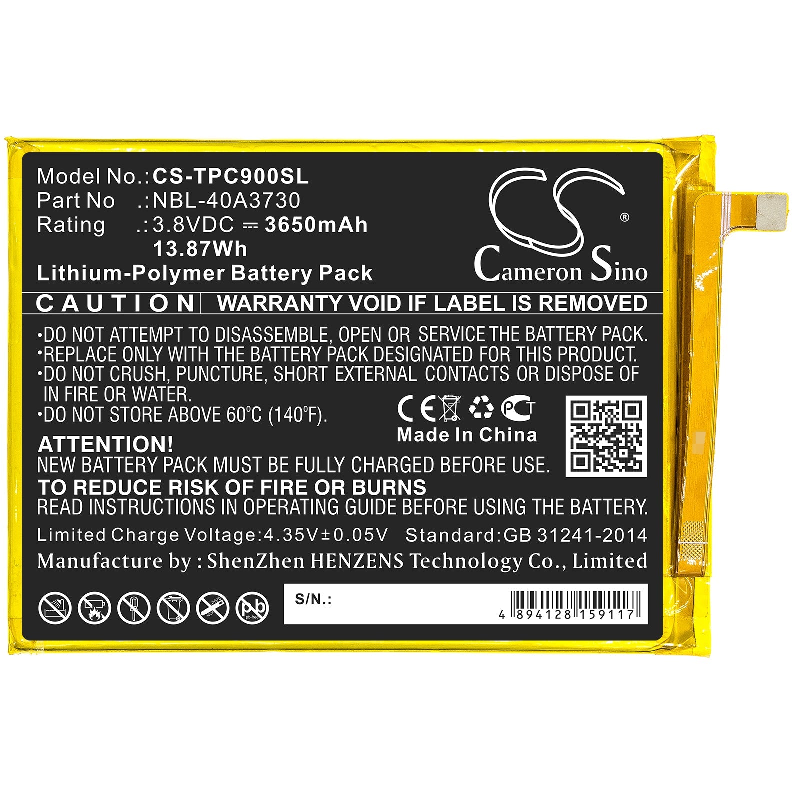 Li-Polymer Battery fits Neffos, Nbl-40a3730, Tp-link, Nbl-40a3730 3.8V, 3650mAh Mobile & SmartPhone Cameron Sino Technology Limited