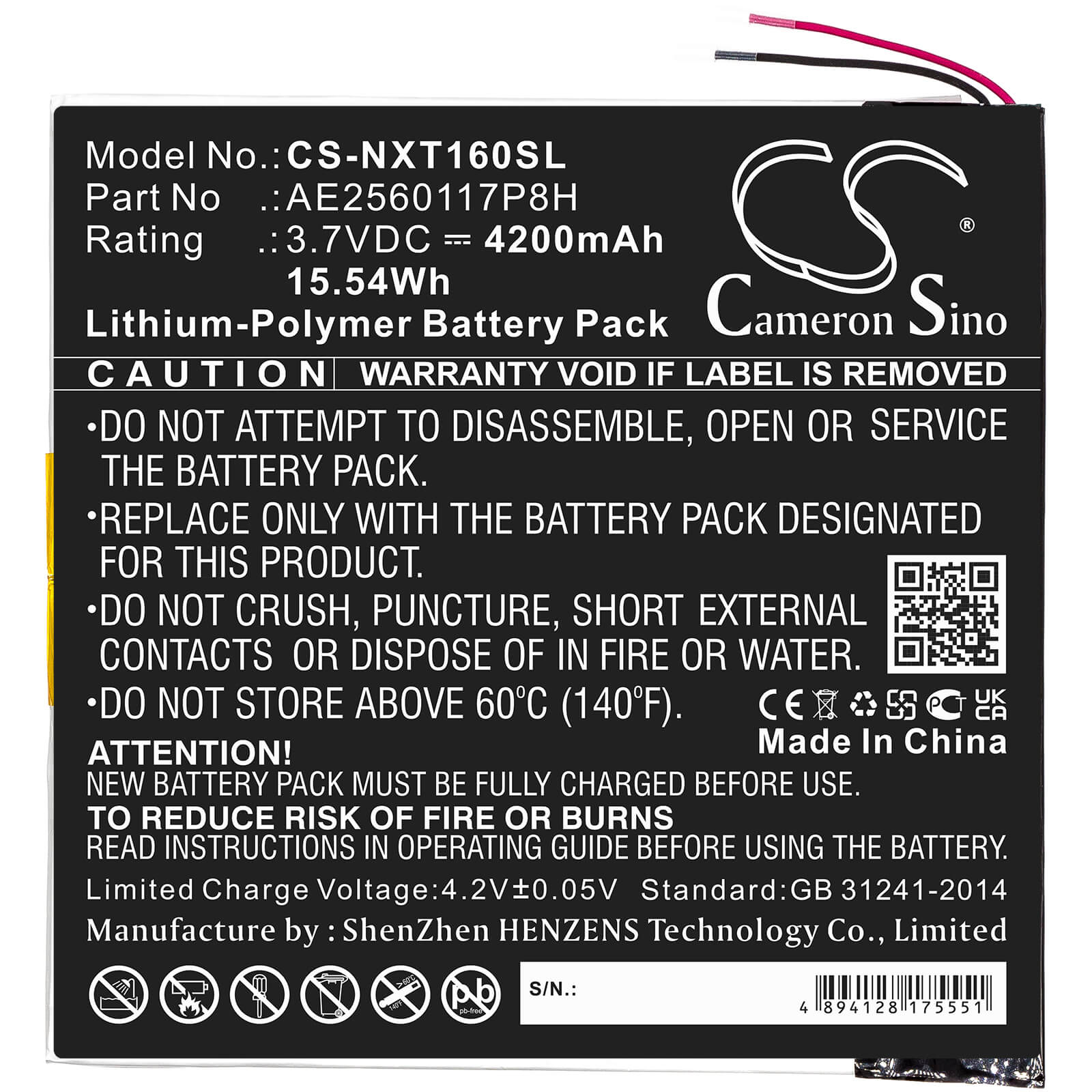 Li-Polymer Battery fits Nextbook, Ares 10a, Nx16a10132sps 3.7V, 4200mAh / 15.54Wh Tablet Cameron Sino Technology Limited