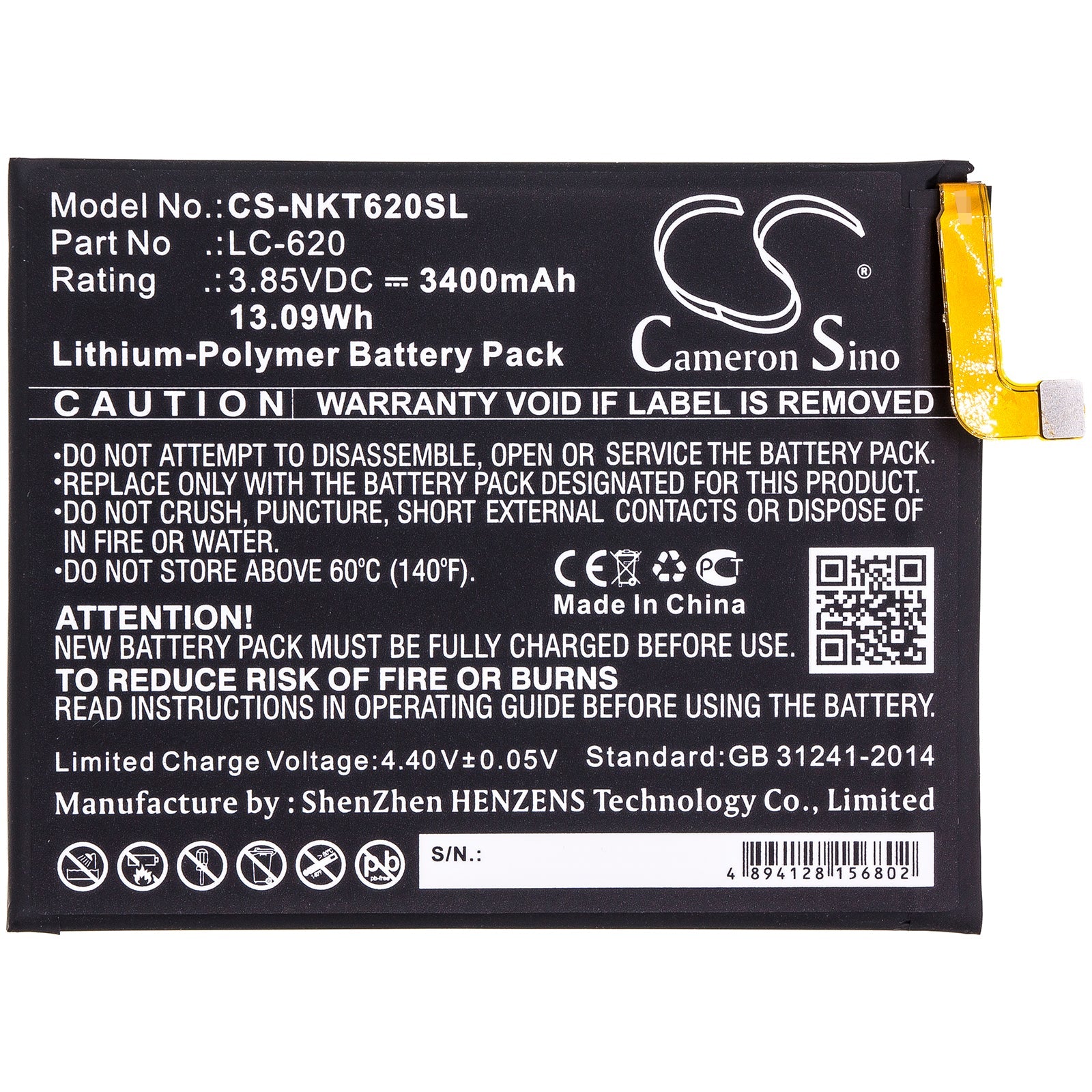 Li-Polymer Battery fits Nokia, 6.2 3.85V, 3400mAh Mobile & SmartPhone Cameron Sino Technology Limited