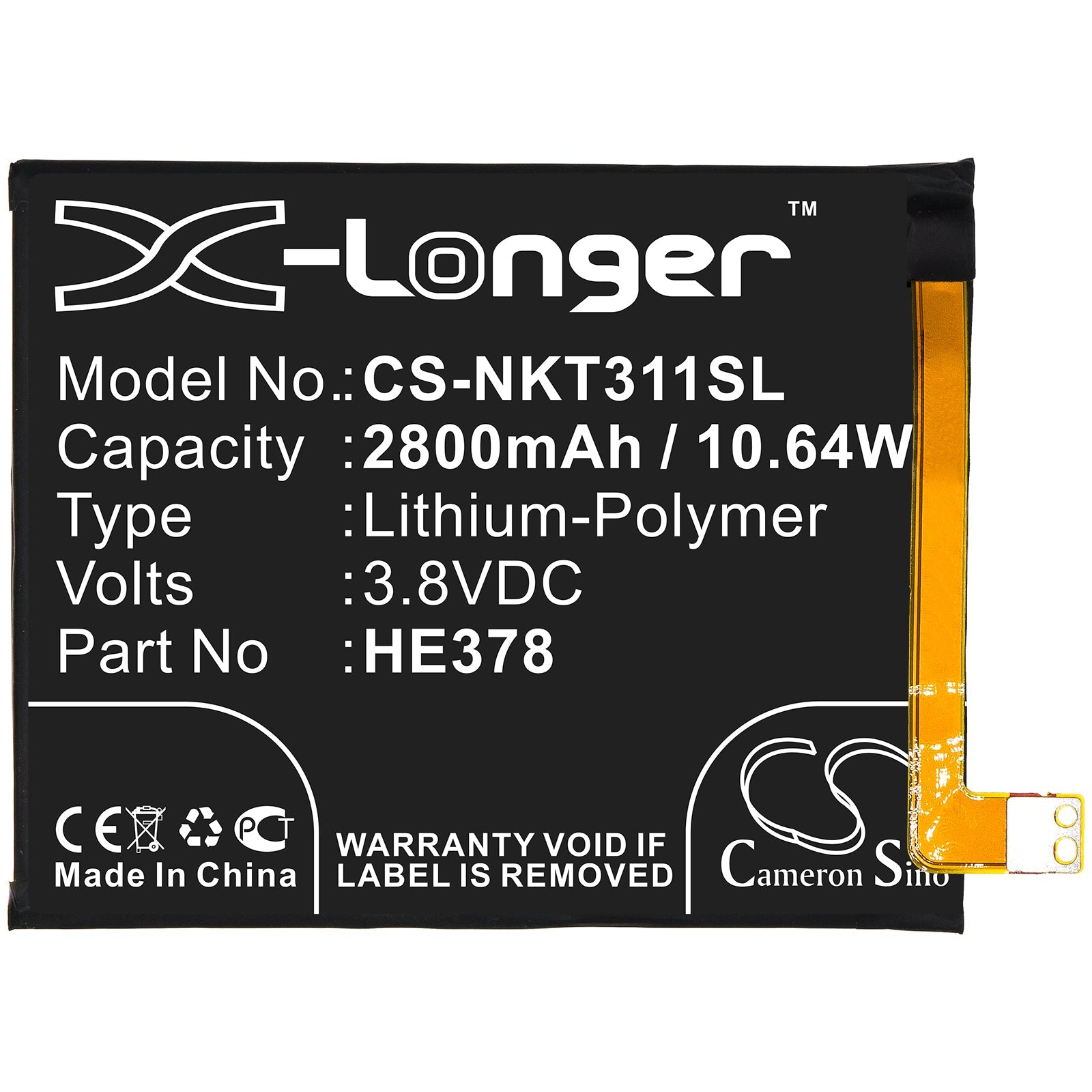 Li-Polymer Battery fits Nokia, He378 3.8V, 2800mAh Mobile & SmartPhone Cameron Sino Technology Limited
