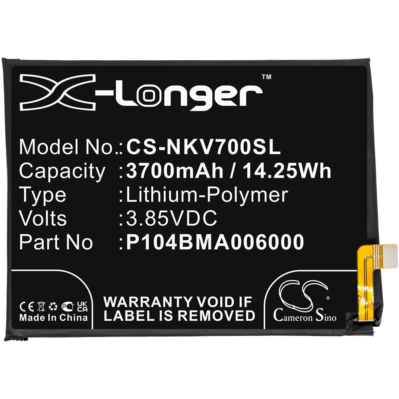 Li-Polymer Battery fits Nokia, Ta-1322, Ta-1323 3.85V, 3700mAh / 14.25Wh Mobile & SmartPhone Cameron Sino Technology Limited