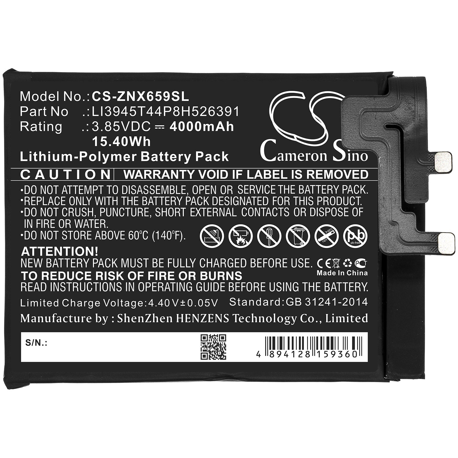 Li-Polymer Battery fits Nubia, Li3945t44p8h526391, Zte, Li3945t44p8h526391 3.85V, 4000mAh Mobile & SmartPhone Cameron Sino Technology Limited