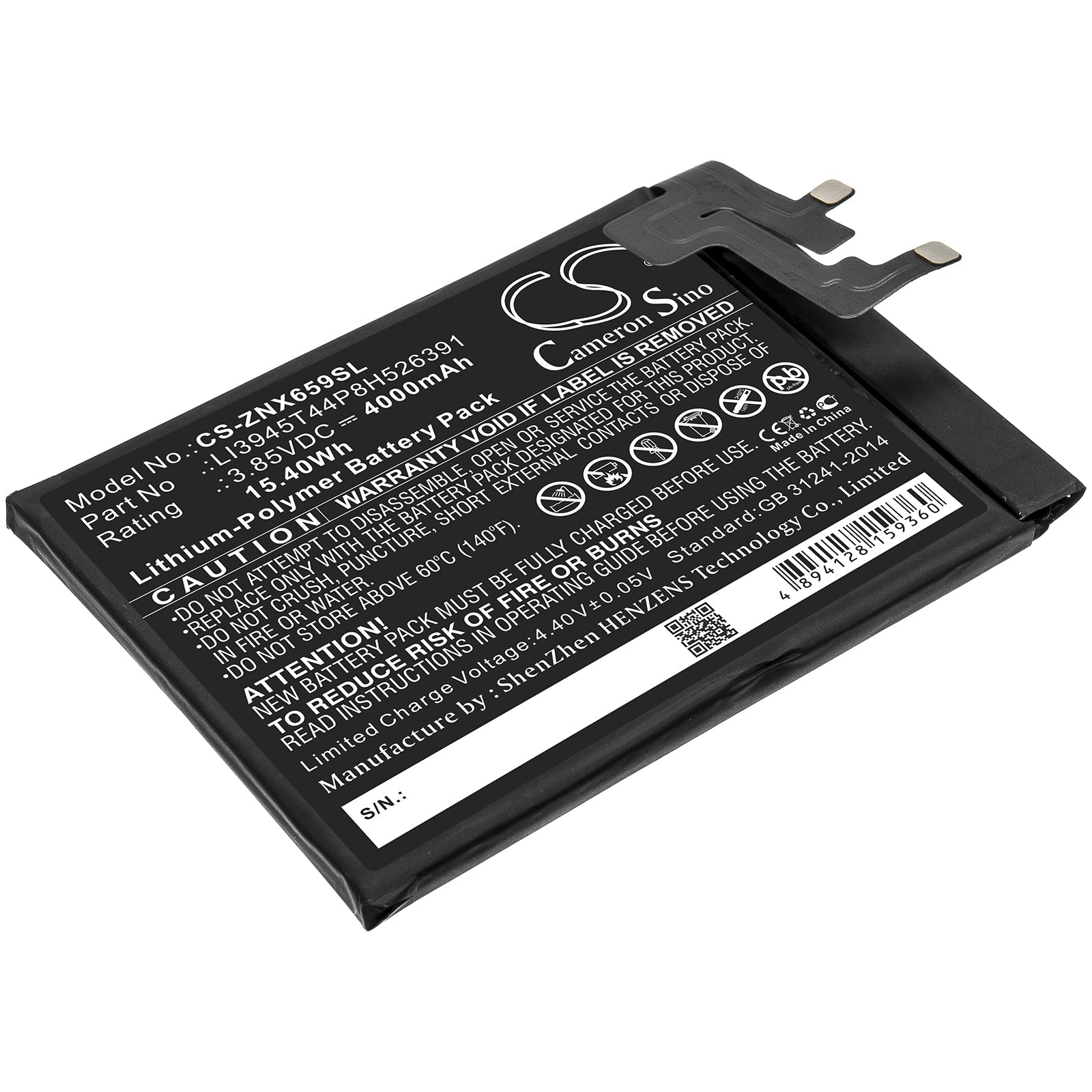Li-Polymer Battery fits Nubia, Li3945t44p8h526391, Zte, Li3945t44p8h526391 3.85V, 4000mAh Mobile & SmartPhone Cameron Sino Technology Limited