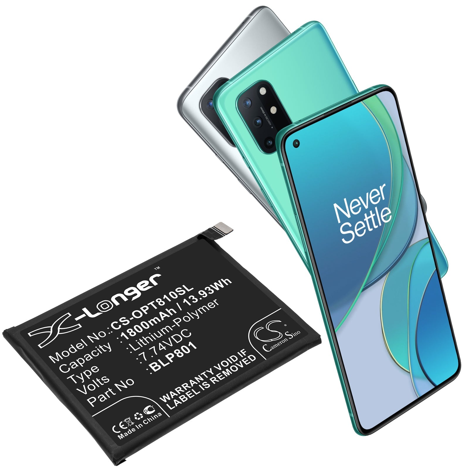 Li-Polymer Battery fits Oneplus, 8t+ 5g, Kb2003 7.74V, 1800mAh Mobile & SmartPhone Cameron Sino Technology Limited