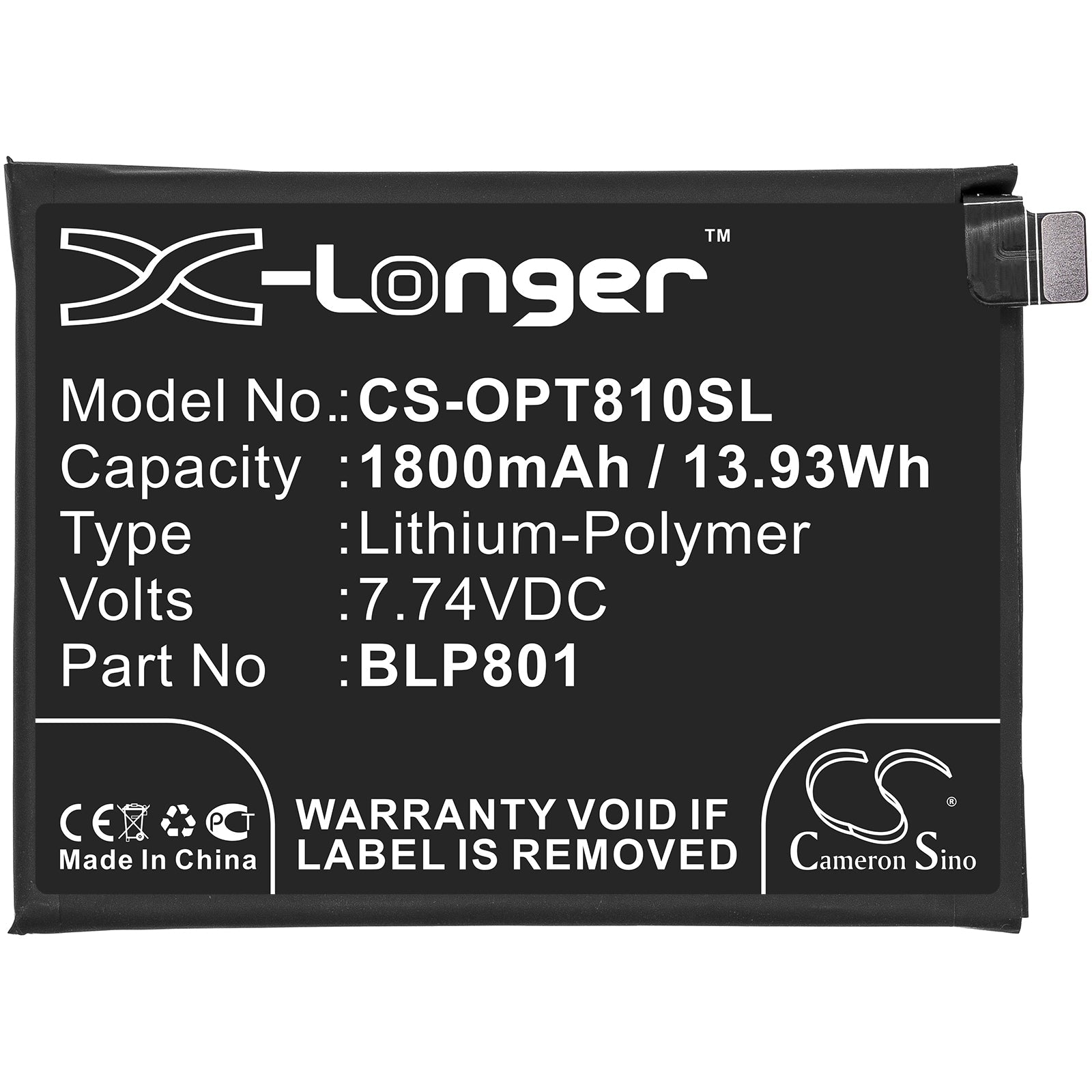 Li-Polymer Battery fits Oneplus, 8t+ 5g, Kb2003 7.74V, 1800mAh Mobile & SmartPhone Cameron Sino Technology Limited
