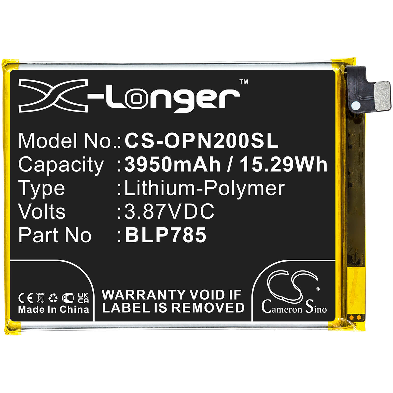 Li-Polymer Battery fits Oneplus, Ac2003, Nord 3.87V, 3950mAh / 15.29Wh Mobile & SmartPhone Cameron Sino Technology Limited