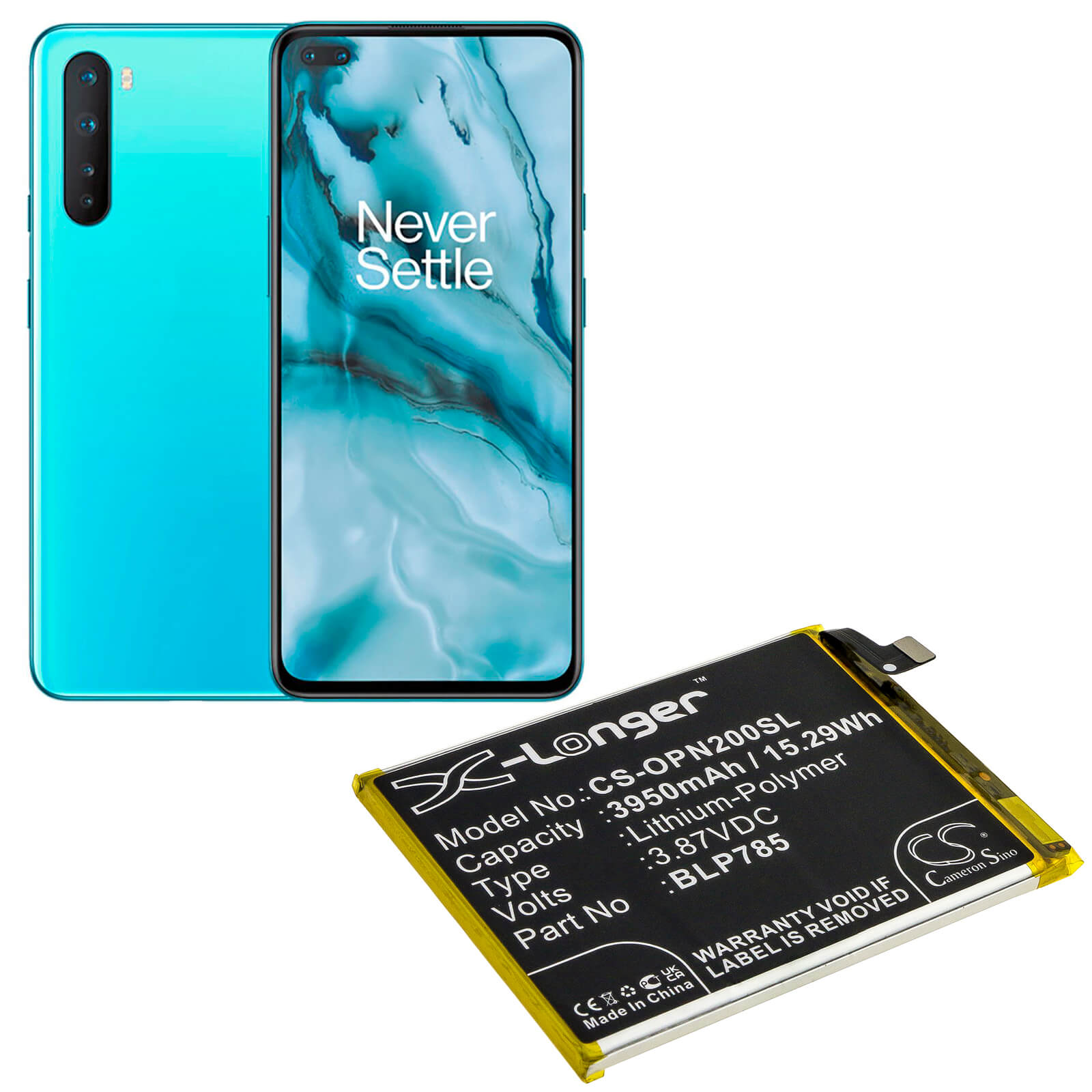 Li-Polymer Battery fits Oneplus, Ac2003, Nord 3.87V, 3950mAh / 15.29Wh Mobile & SmartPhone Cameron Sino Technology Limited