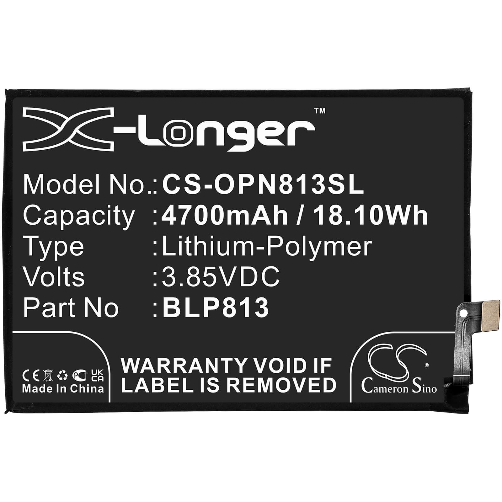 Li-Polymer Battery fits Oneplus, Be2011, Be2013 3.85V, 4700mAh / 18.10Wh Mobile & SmartPhone Cameron Sino Technology Limited