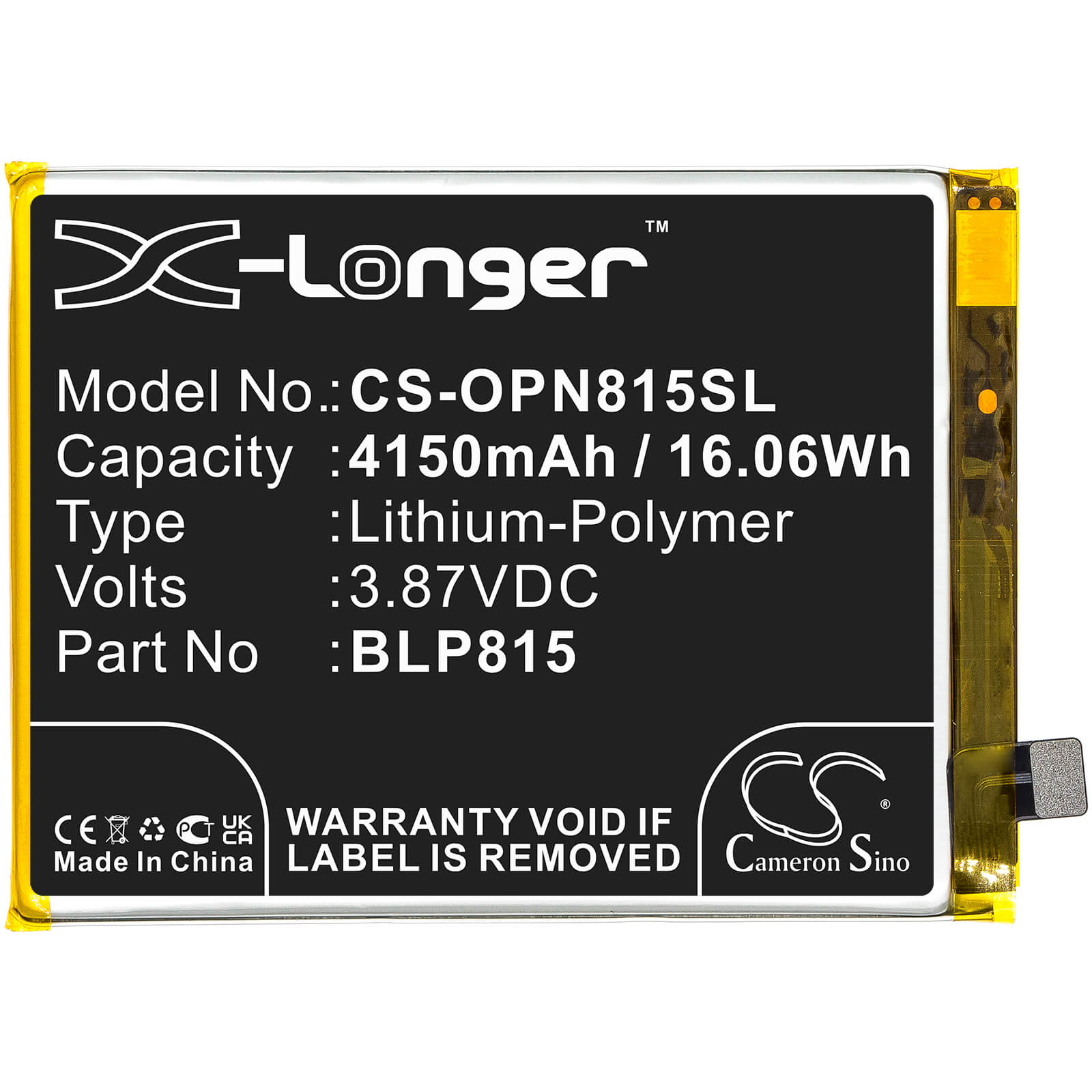Li-Polymer Battery fits Oneplus, Be2025, Be2026 3.87V, 4150mAh / 16.06Wh Mobile & SmartPhone Cameron Sino Technology Limited