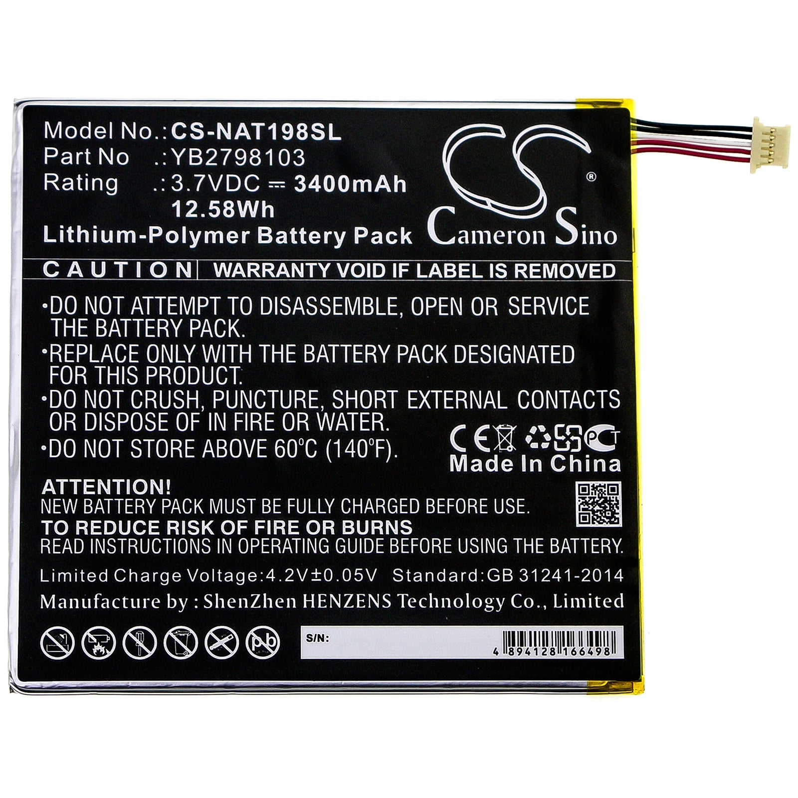 Li-Polymer Battery fits Onn, Ona19tb002, Tablet 8 3.7V, 3400mAh Tablet Cameron Sino Technology Limited
