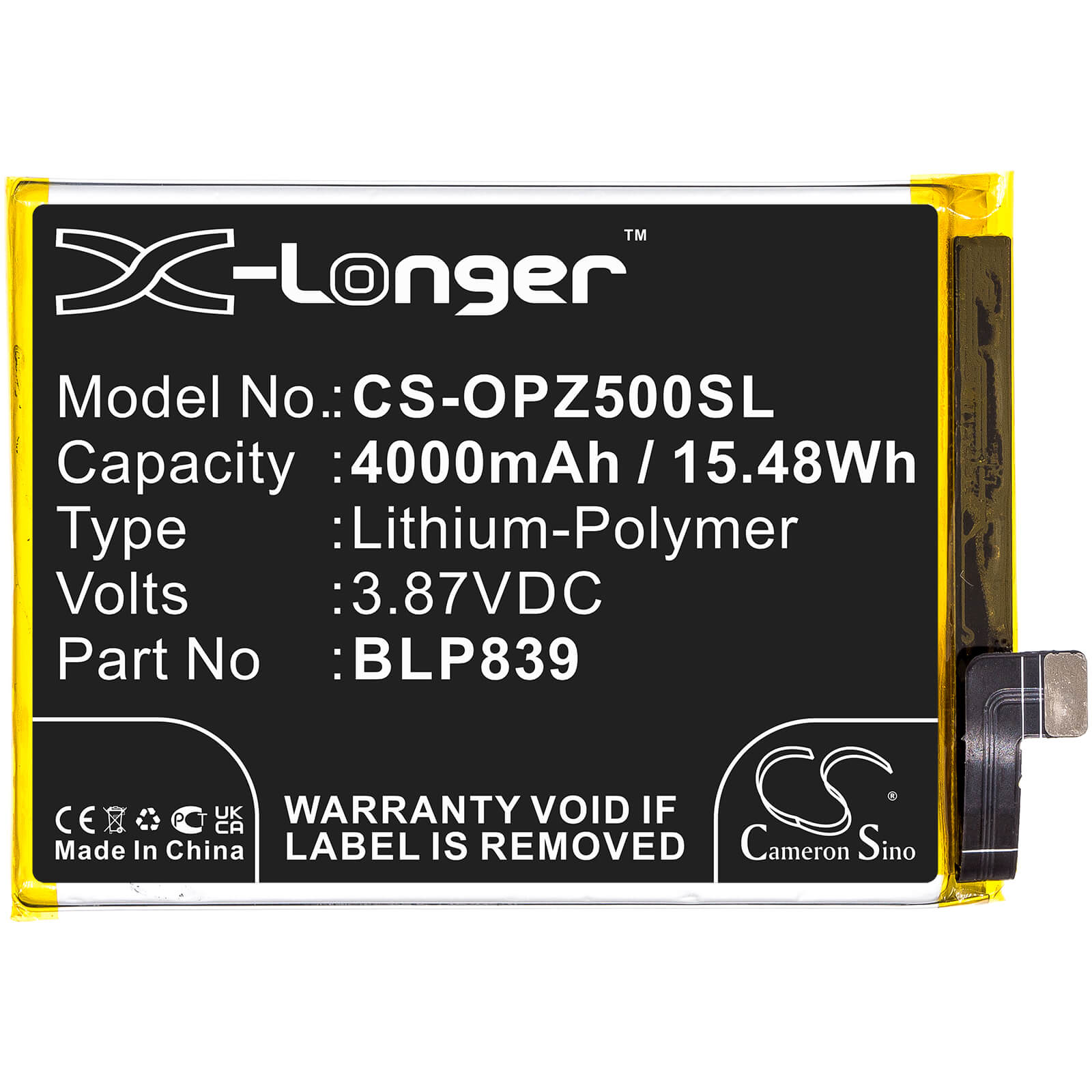 Li-Polymer Battery fits Oppo, 2213, A94 5g 3.87V, 4000mAh / 15.48Wh Mobile & SmartPhone Cameron Sino Technology Limited