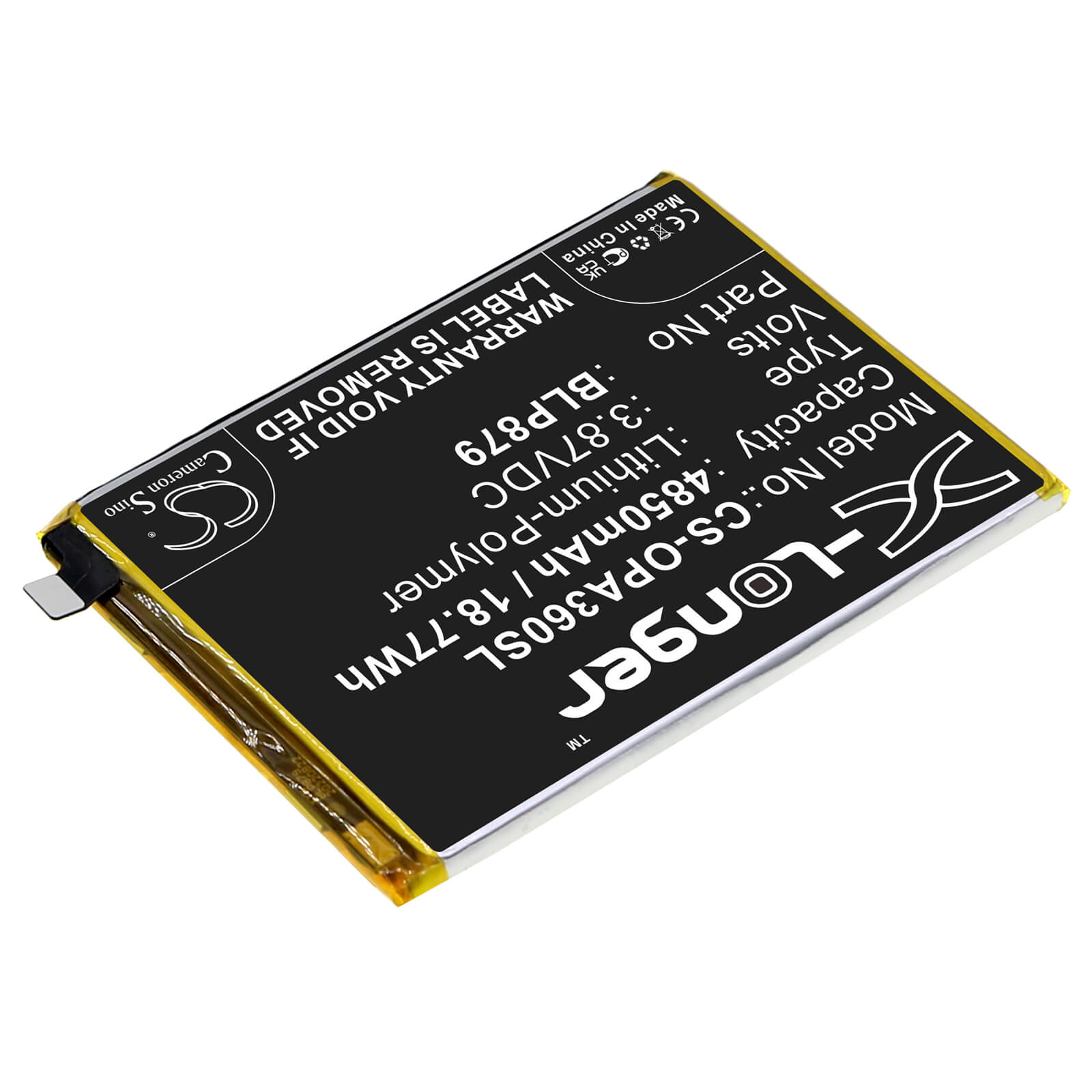 Li-Polymer Battery fits Oppo, A36, A36 2022 3.87V, 4850mAh / 18.77Wh Mobile & SmartPhone Cameron Sino Technology Limited