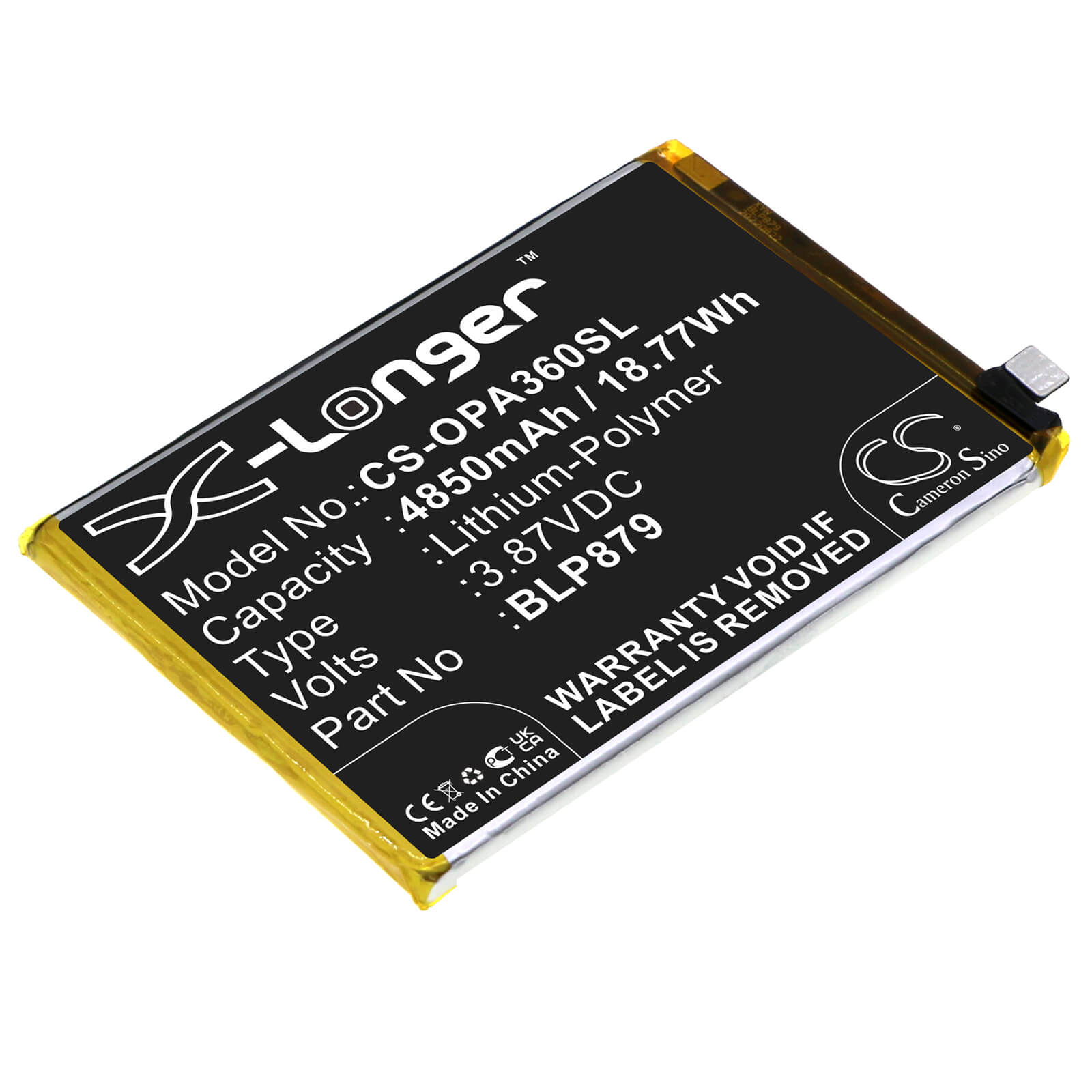 Li-Polymer Battery fits Oppo, A36, A36 2022 3.87V, 4850mAh / 18.77Wh Mobile & SmartPhone Cameron Sino Technology Limited