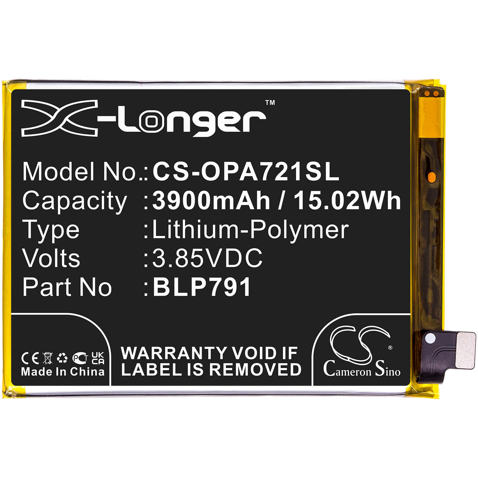 Li-Polymer Battery fits Oppo, A72 5g 2020, A73 5g 2020 3.85V, 3900mAh / 15.02Wh Mobile & SmartPhone Cameron Sino Technology Limited