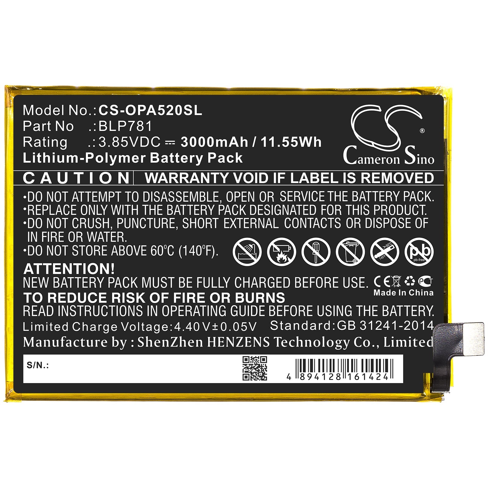 Li-Polymer Battery fits Oppo, Blp781 3.85V, 4900mAh Mobile & SmartPhone Cameron Sino Technology Limited