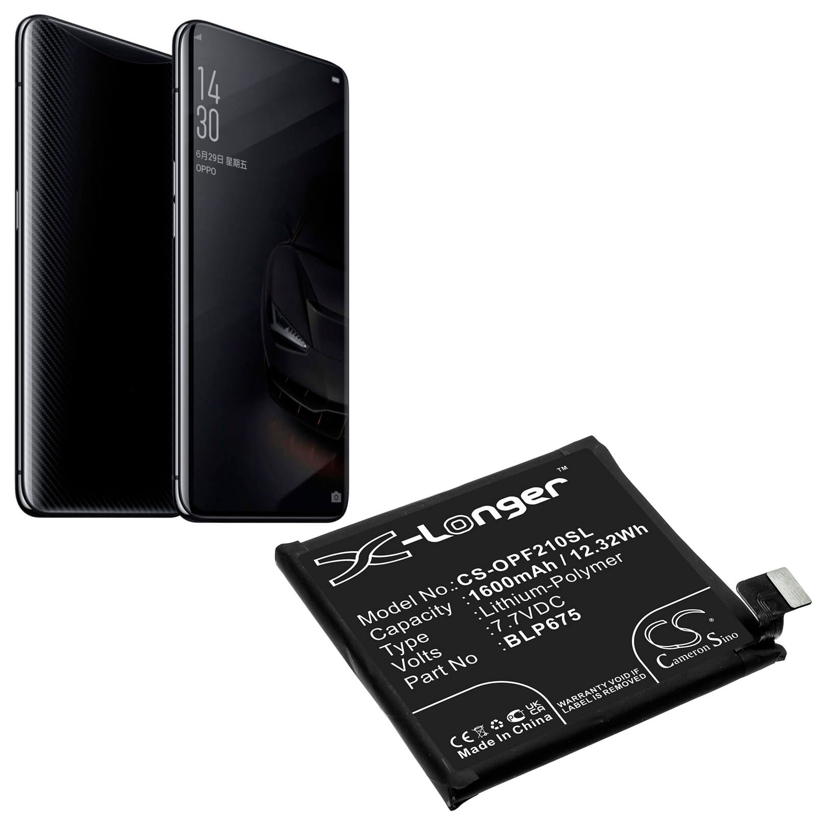 Li-Polymer Battery fits Oppo, Cph1871, Cph1875 7.7V, 1600mAh / 12.32Wh Mobile & SmartPhone Cameron Sino Technology Limited
