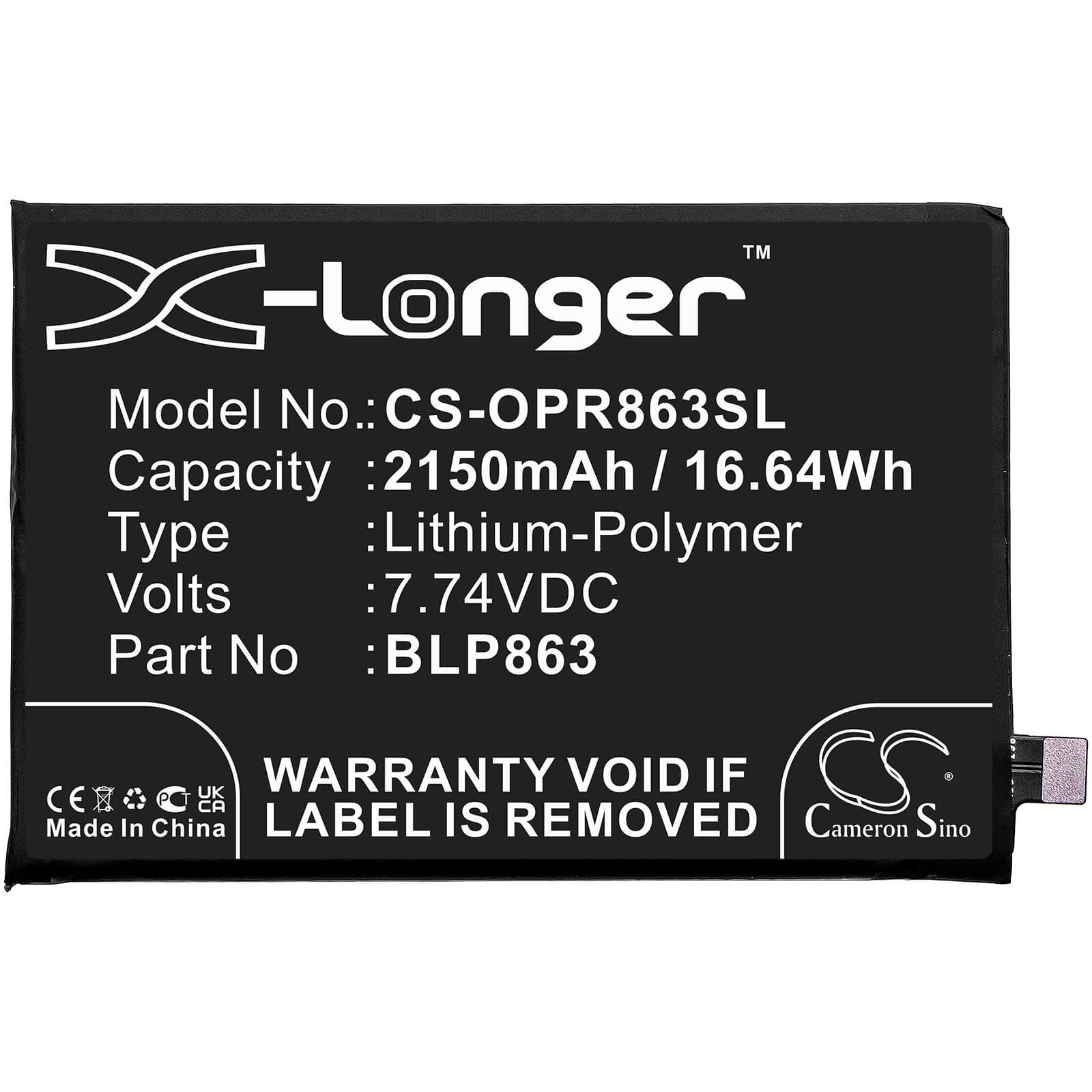 Li-Polymer Battery fits Oppo, Cph2235, Reno6 7.74V, 2150mAh / 16.64Wh Mobile & SmartPhone Cameron Sino Technology Limited