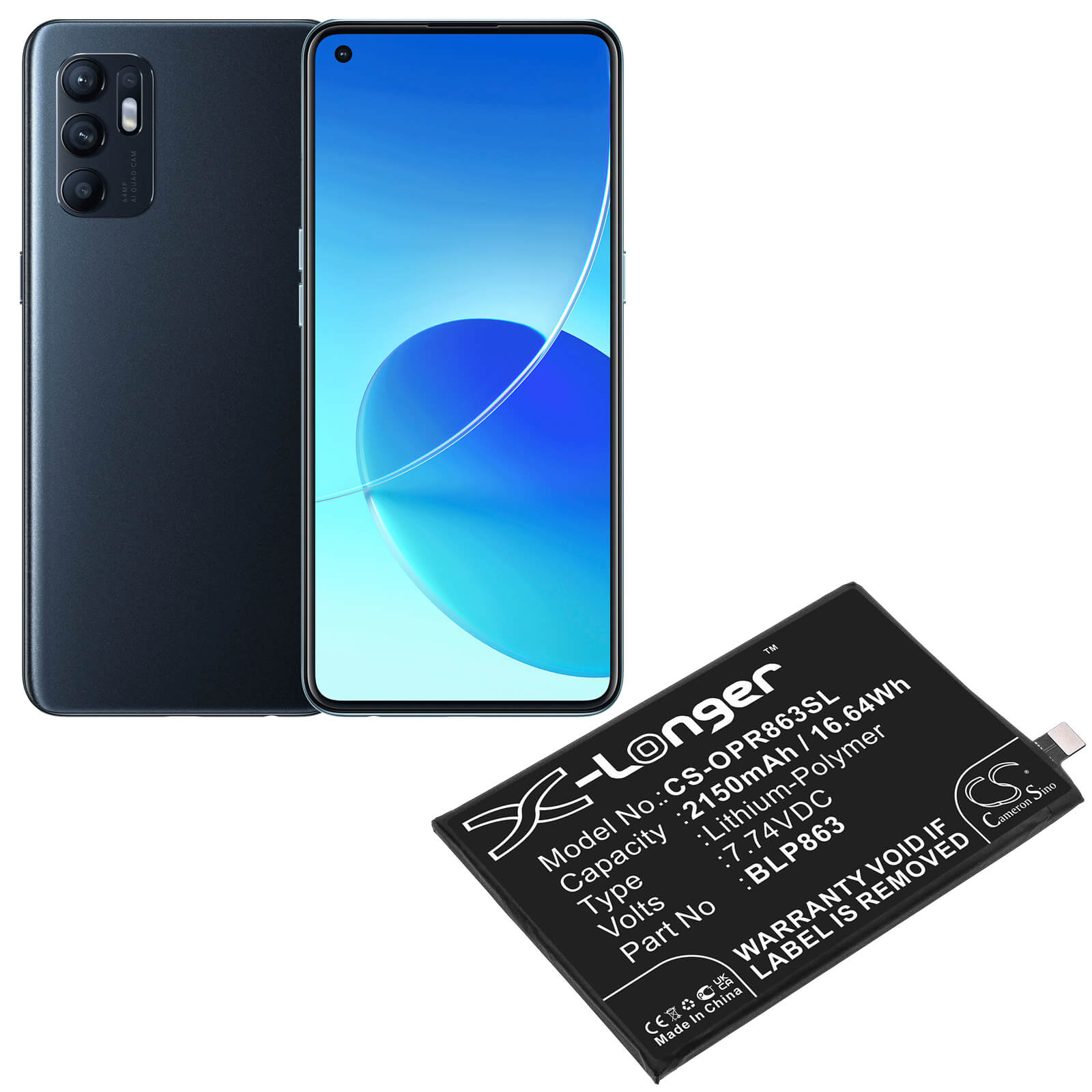 Li-Polymer Battery fits Oppo, Cph2235, Reno6 7.74V, 2150mAh / 16.64Wh Mobile & SmartPhone Cameron Sino Technology Limited