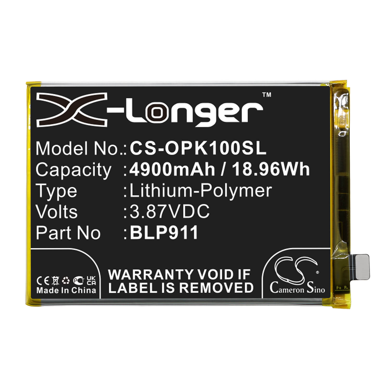Li-Polymer Battery fits Oppo, Cph2373, K10 3.87V, 4900mAh / 18.96Wh Mobile & SmartPhone Cameron Sino Technology Limited