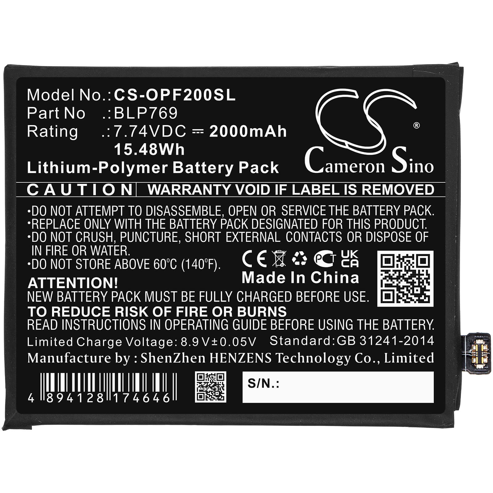 Li-Polymer Battery fits Oppo, Find X2, Pdem10 7.74V, 2000mAh / 15.48Wh Mobile & SmartPhone Cameron Sino Technology Limited