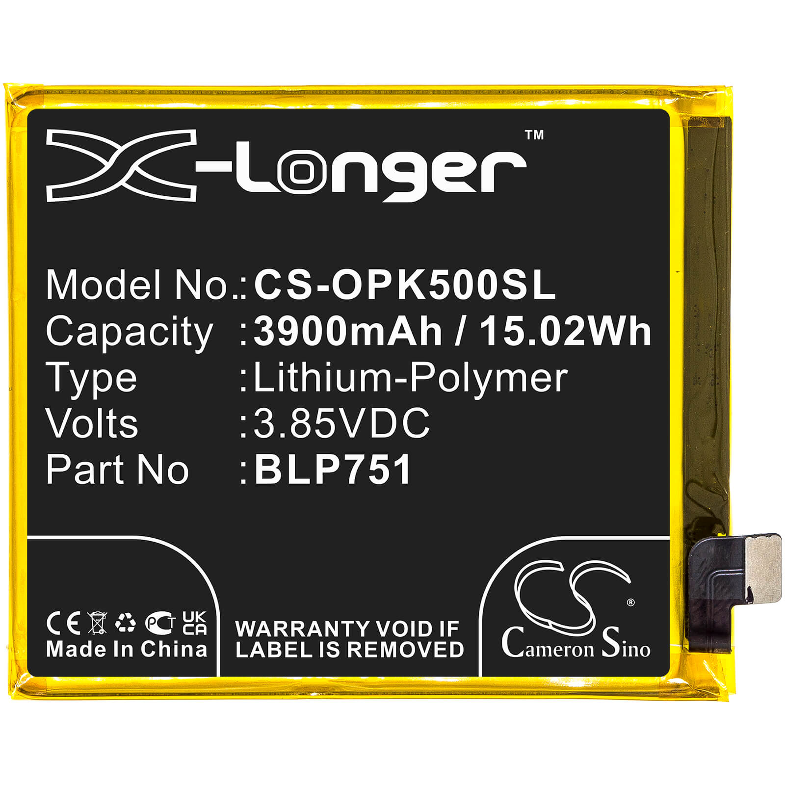 Li-Polymer Battery fits Oppo, K5, Pcnm00 3.85V, 3900mAh / 15.02Wh Mobile & SmartPhone Cameron Sino Technology Limited