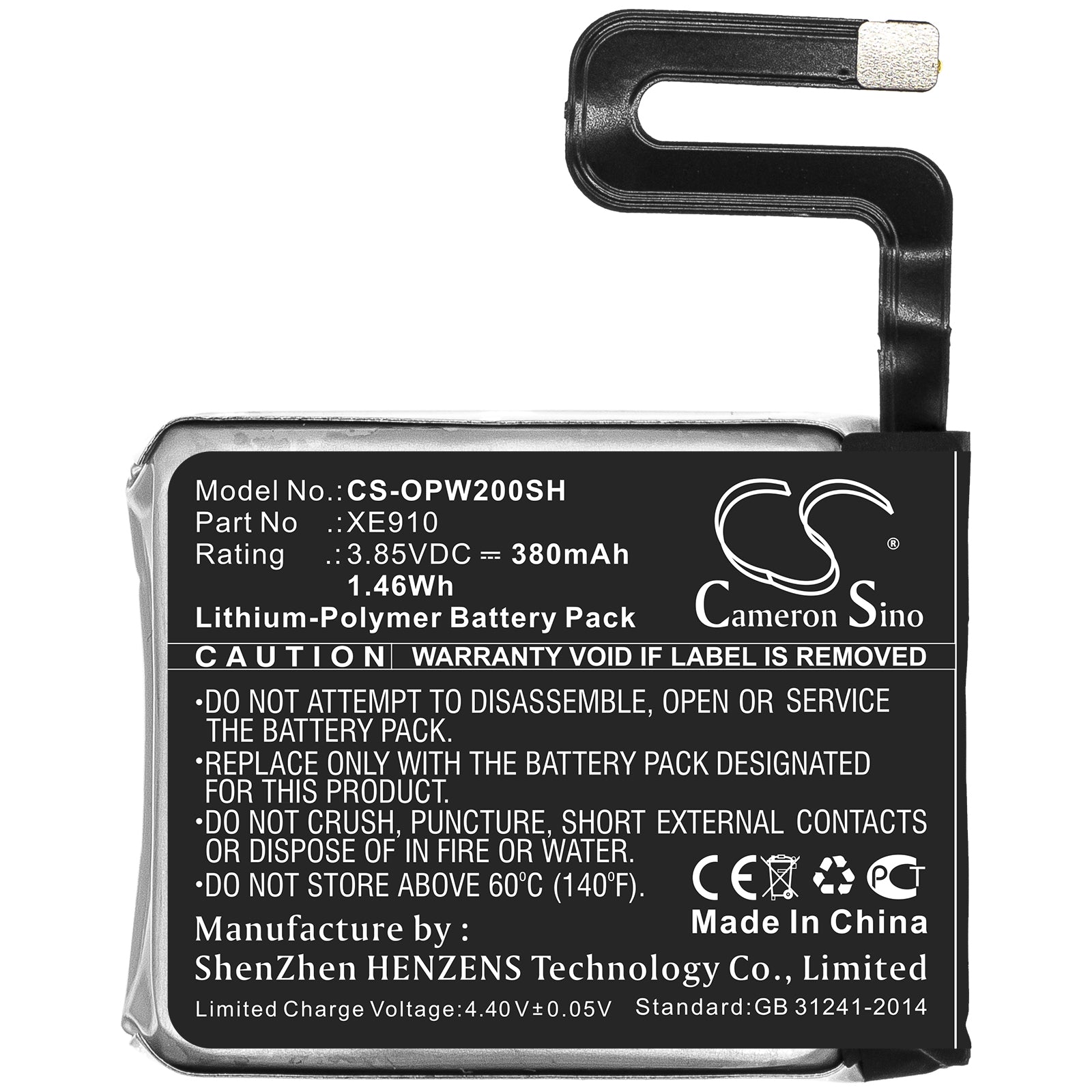Li-Polymer Battery fits Oppo, Xe910 3.85V, 380mAh Smartwatch Cameron Sino Technology Limited